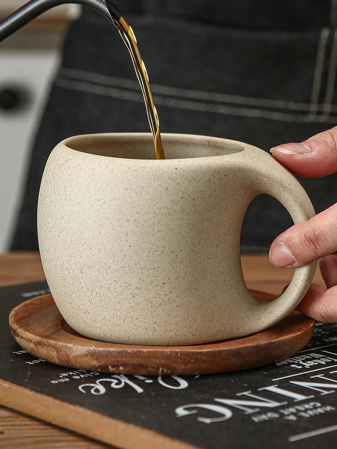 6 Oz Coffee Cup Mug Espresso Cups Set, Ceramic Cup with Natural Acacia Wood Saucer for Espresso, Latte, Cappuccino Coffee, Tea, Unglazed Porcelain Arty Mug (Natural Earthiness Finish) - Image 2