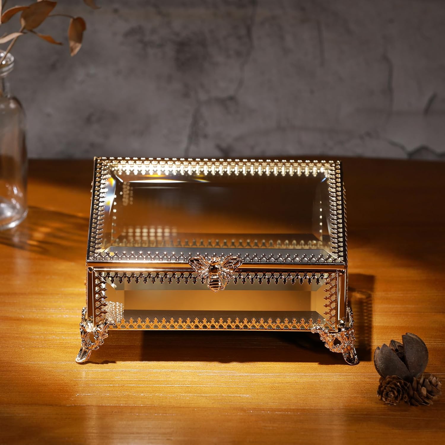 Glass Vintage Jewelry Box Keepsake storage Trinket Ring Display Box Home Decor Beveled Clear Glass Box Organizer (5.7x4.3x2.7Inches)