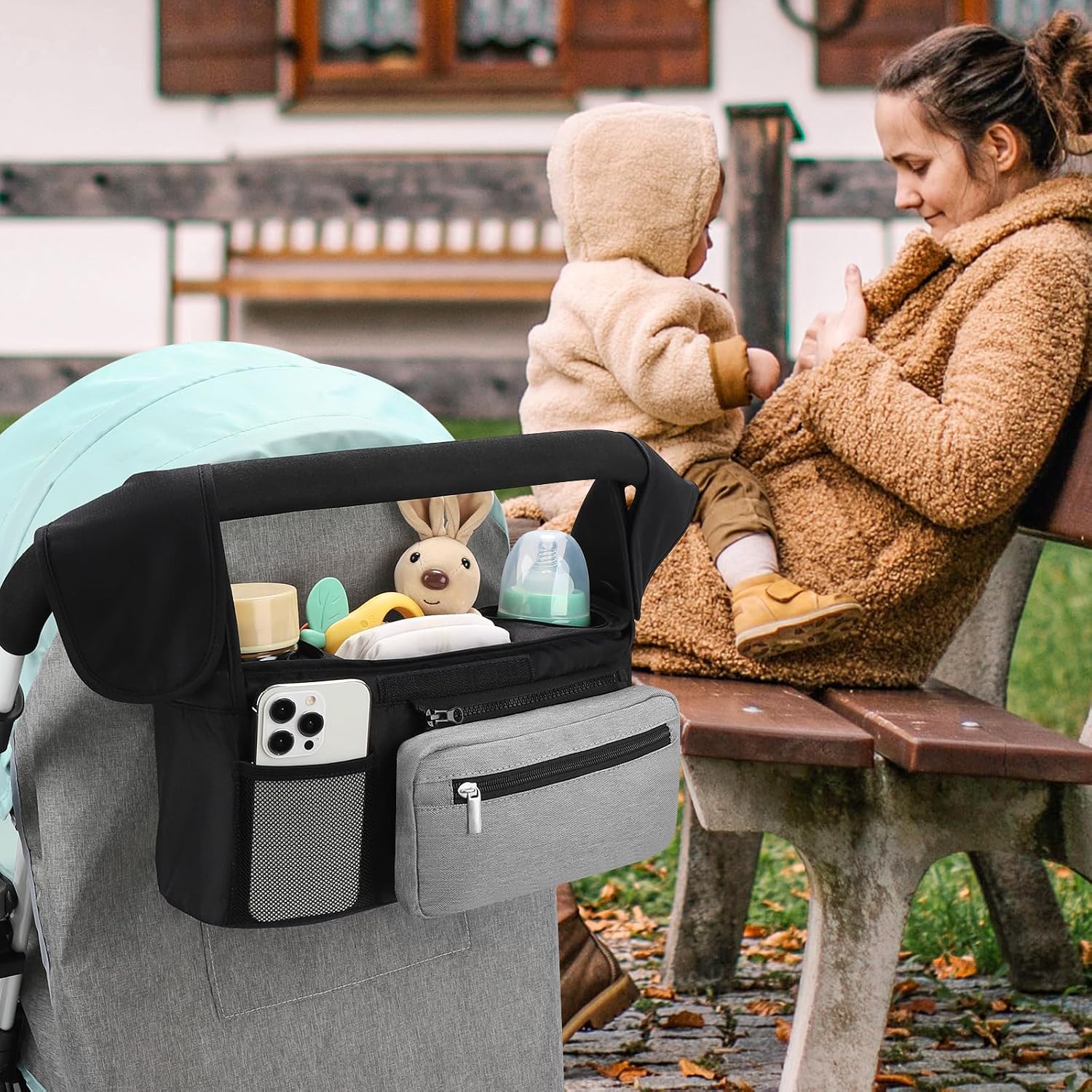  Universal Stroller Organizer with Insulated Cup Holder Detachable Phone Bag and Shoulder Strap,Stroller Bag Caddy Organizer for Uppababy, Baby Jogger, Britax Strollers thumbnail