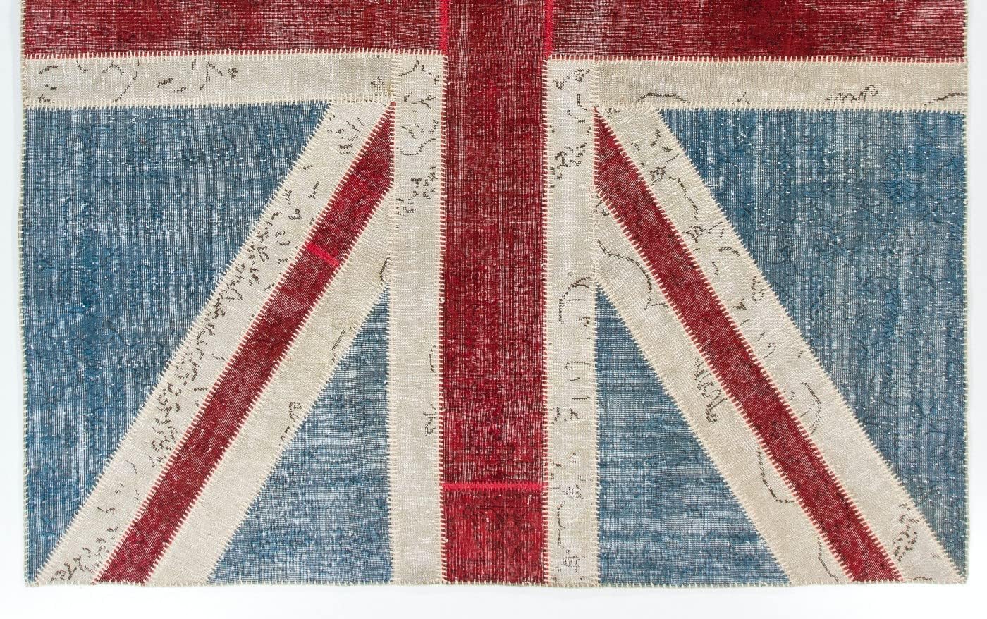 Modern Handmade Patchwork Rug with Union Jack British Flag Design, Wool and Cotton Turkish Carpet. Custom Colors & Sizes Available. D742
