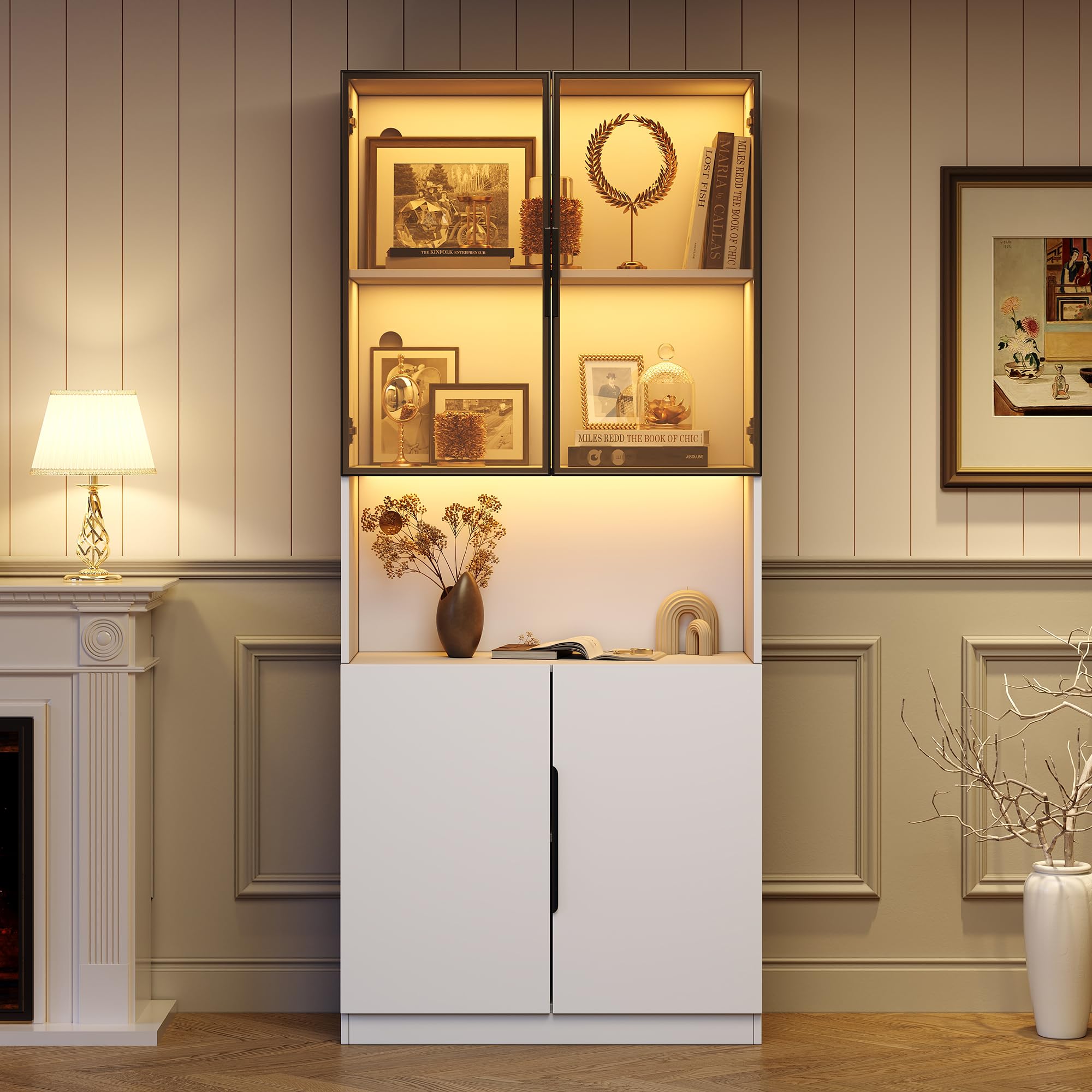 Vitrina de Cristal Armario de Vitrina con Iluminación LED 200 cm, Estantería Aparador con Estantes Ajustables y Puertas para Salon, Mueble Auxiliar Expositora para Comedor Dormitorio (Blanco)