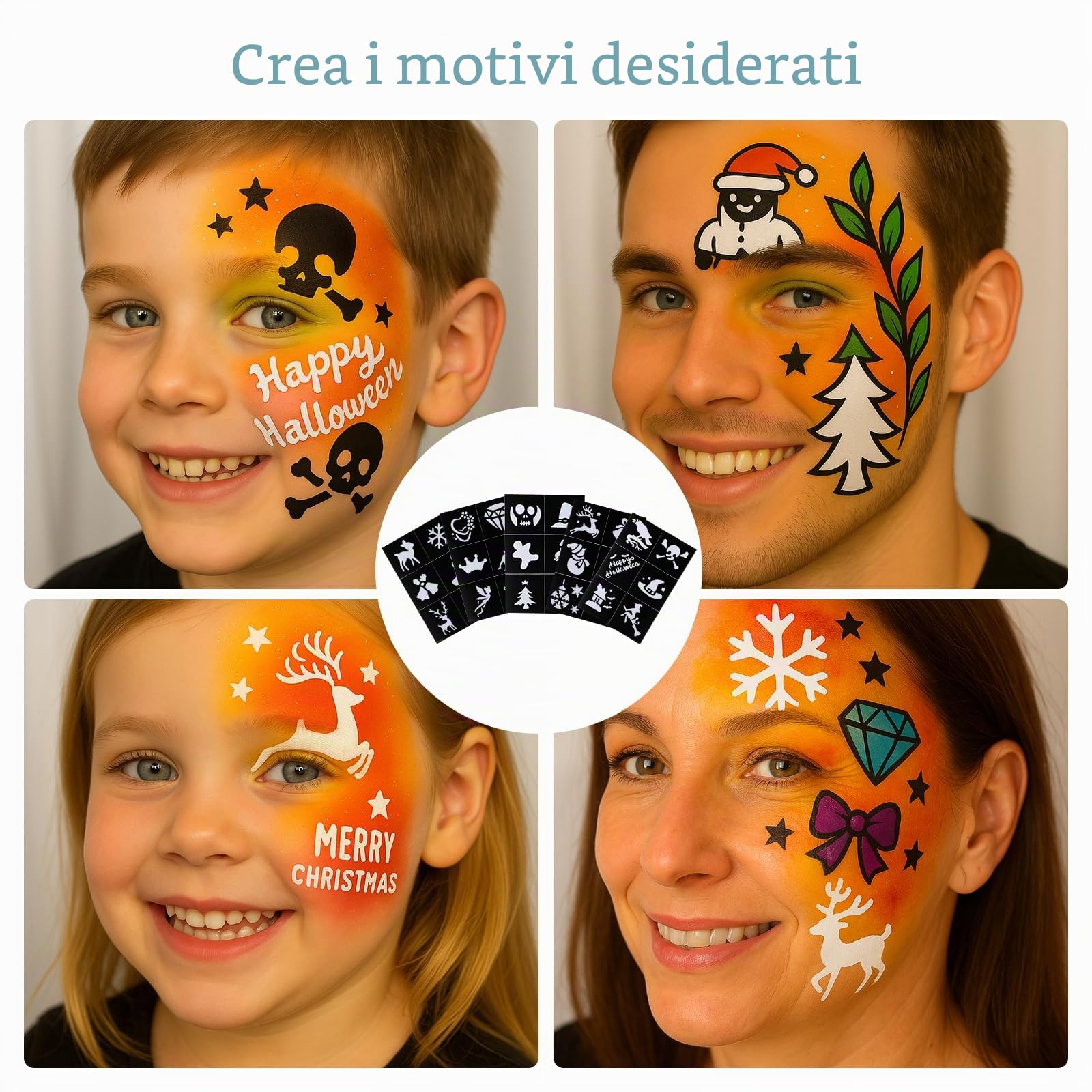 Face Painting 15 Colori – Pittura per Viso e Corpo con 30 Stampini e 2 Pennelli, Naturale, Sicuro e Facile da Rimuovere, Ideale per Feste, Carnevale e Halloween