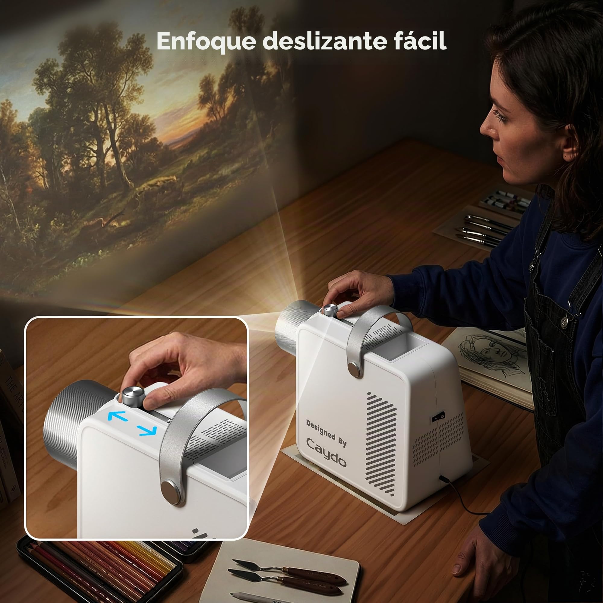 Caydo S1 Proiettore LED artistico per ricalco, con Area di Copia da 5" x 5" | Amplía Imágenes 2,5X-11X hasta 80", Proyector Portátil con Asa y Compartimento para Murales, Bocetos, Pintura sobre Lienzo