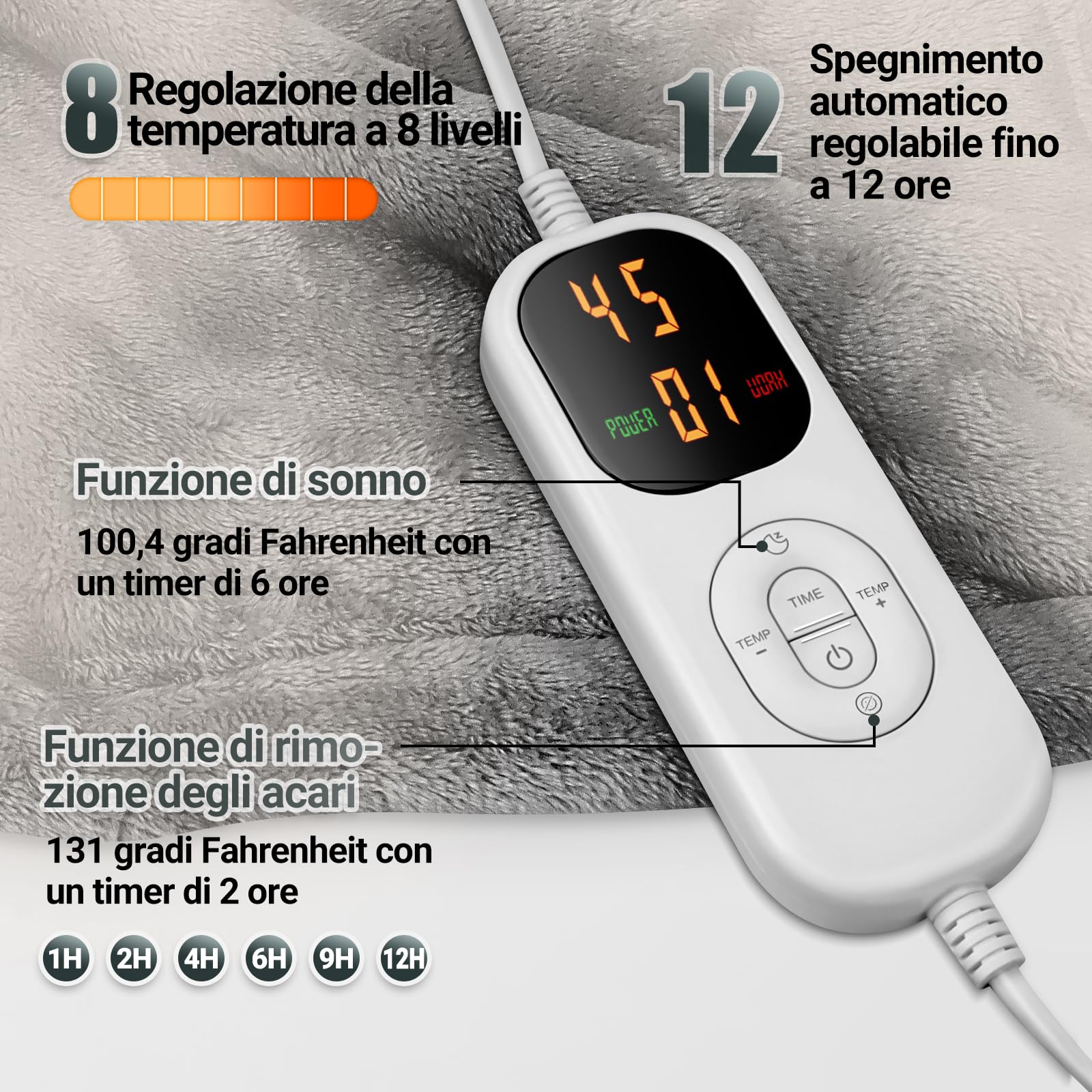 Charmofun Coperta Termica Elettrica, 130X180CM Termocoperta Matrimoniale con Spegnimento Automatico, 8 Temperature, Timer 12H, Riscaldamento Rapido, Lavabile, Plaid Elettrico Per Divano, Letto