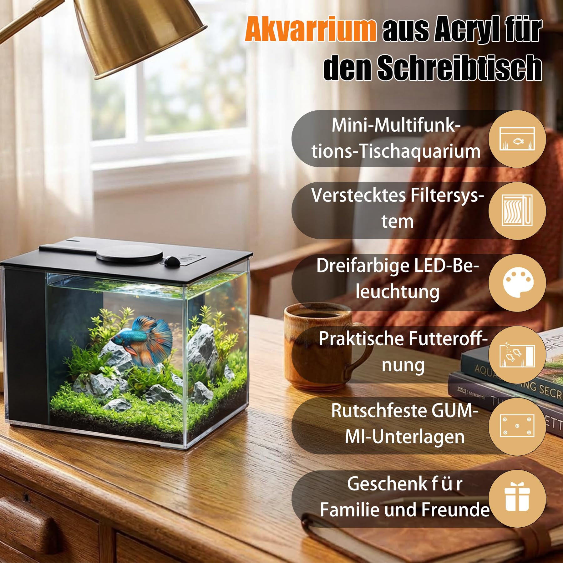 Betta Aquarium Komplettset 3,7L Acryl mit Filterpumpe LED-Beleuchtung Schwarz