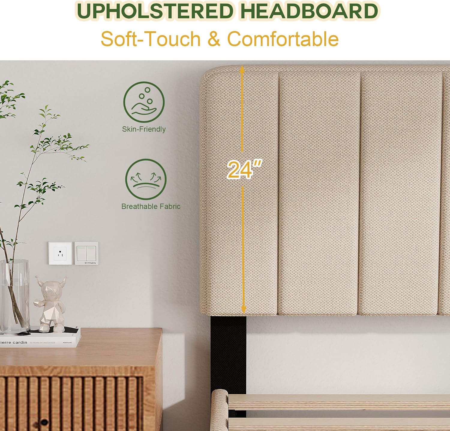 Queen Size Bed Frame with Headboard, Platform Bed with Soft Linen Upholstered Headboard | Wooden Slats Support | Adjustable Height | No Box Spring Needed, Queen Bed Frame Beige