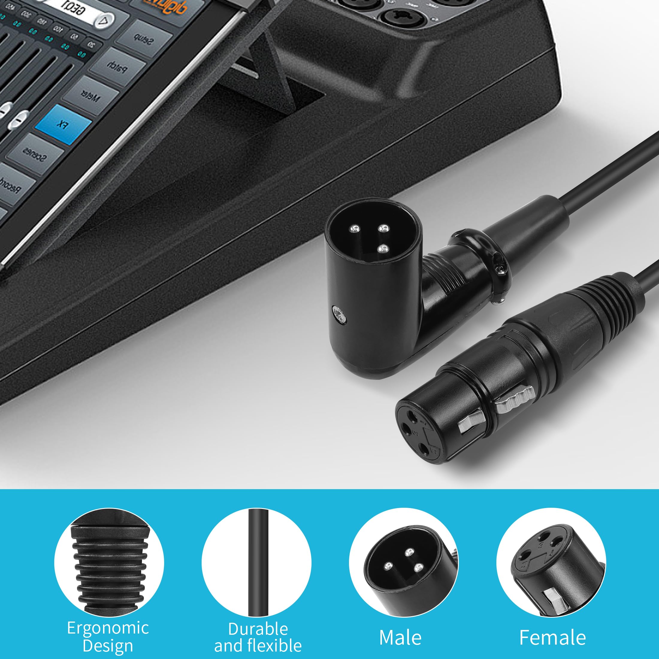 YACSEJAO Kabel mikrofonowy XLR kątowy 3FT - męski 90 stopni, żeńskie złącze 3Pin do głośników, interfejsu audio lub miksera