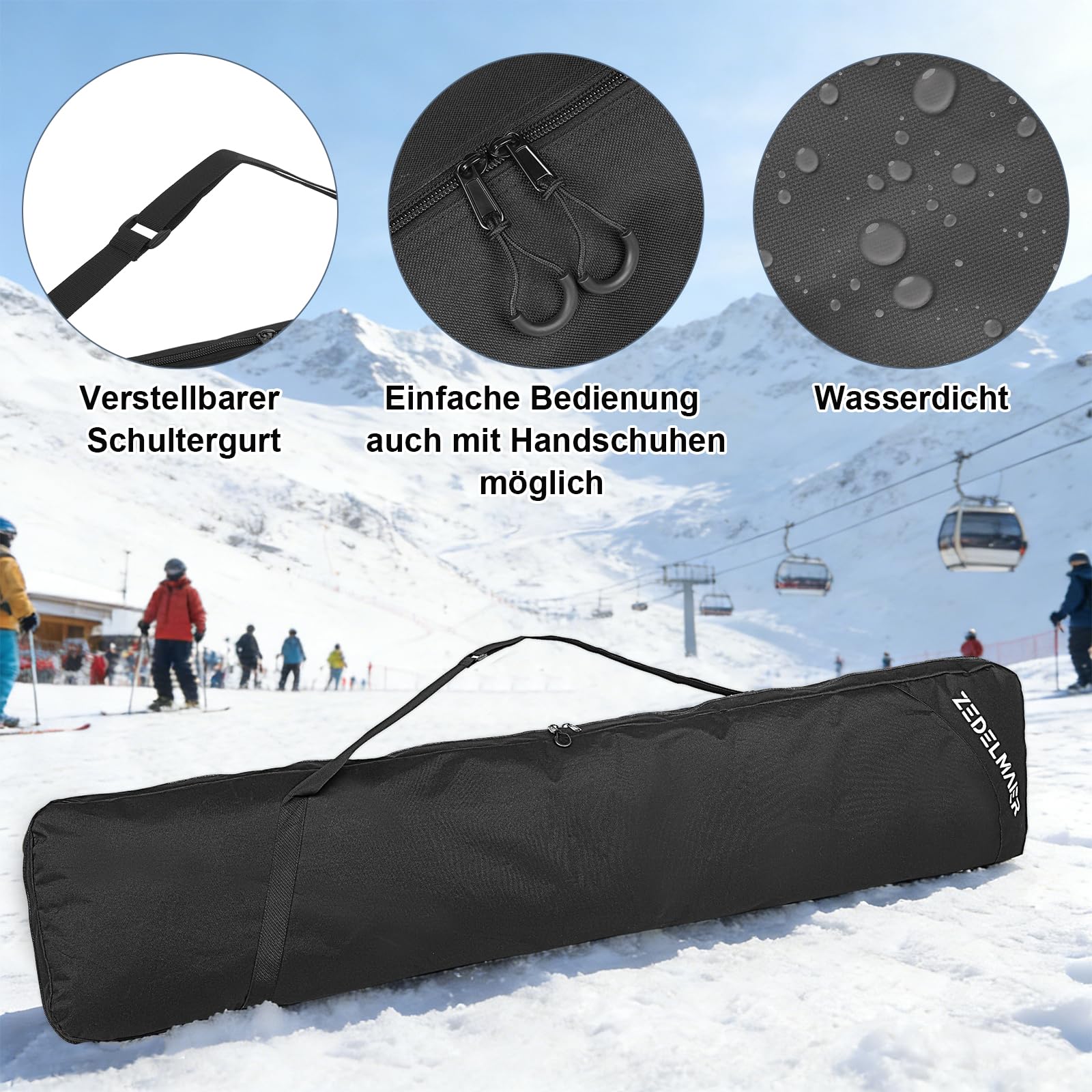 Zedelmaier Klassische Snowboardtasche 178 cm wasserdichte Boardtasche für Skisport Reißfeste Nylontasche Leicht Skier Tasche für Skireise und Skiferien