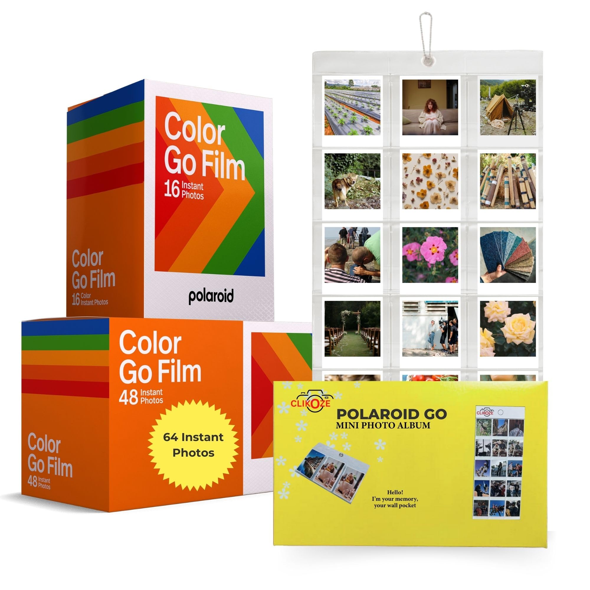 Lot de 64 films photo photo instantanés avec film Polaroid Go et album photo mural Clikoze