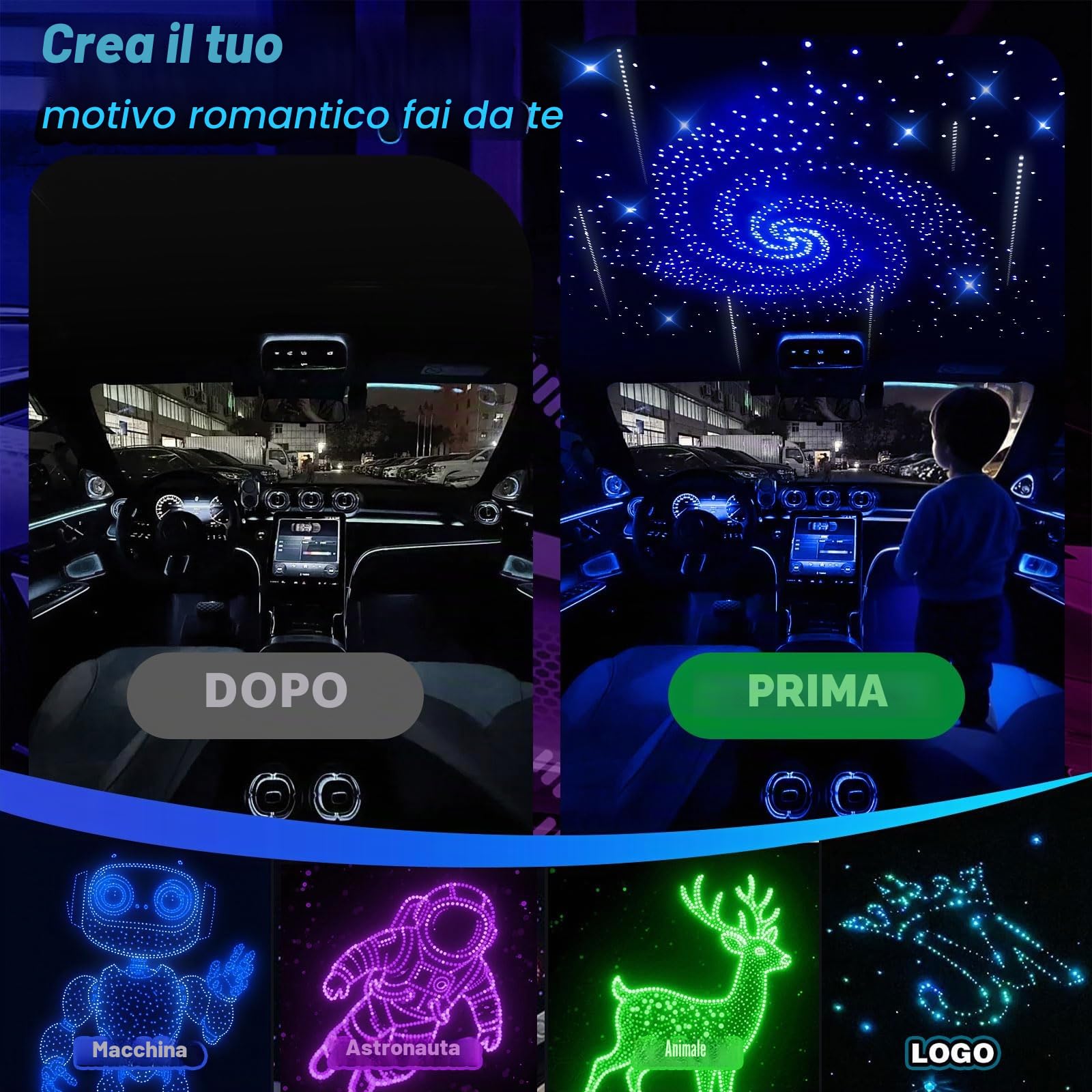 VASTFIRE 32W Auto Tetto Fibra Ottica Starry Sky Light 1200 Pezzi 3 m Meteor Twinkle 2 in 1 Dual Port Motor App Bluetooth Sound Control Plafoniera per Decorazione Auto (Porta doppia 1200pcs*3m*0.75mm)