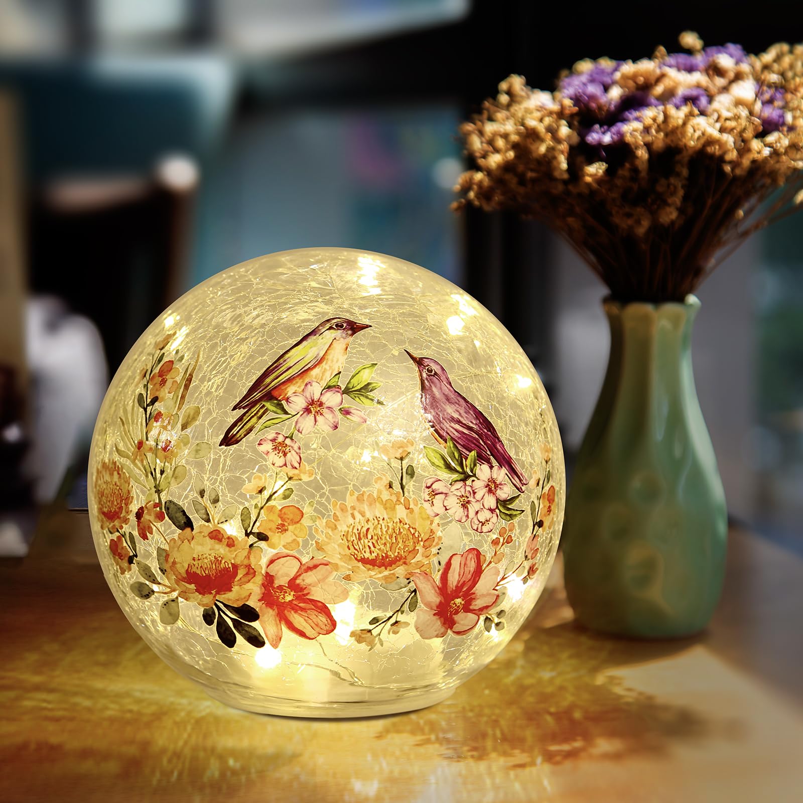 Birds and Colorful Flowers Crackle Lamp Timer Function Lamp- Glass Shade Desk Nightstand Lamp for Garden Home Office Stairway Party - Battery Operated