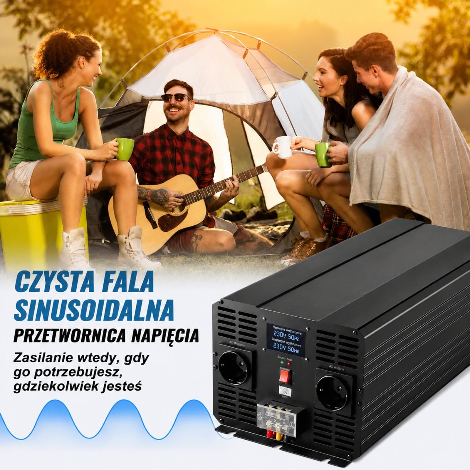 Przetwornica czystej fali sinusoidalnej 5000 W, wejście 12 V DC, wyjście 230 V AC, 2 gniazda europejskie, wyświetlacz LCD, obudowa ze stopu aluminium do samochodu, kampera i ciężarówki