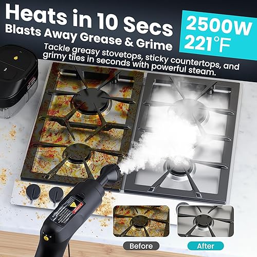 Miniatura 3 de Limpiador de vapor de mano para el hogar, vapor de alta presión de 2500 W, calentamiento rápido de 15 segundos, tanque de 1.6 L, limpiador de vapor