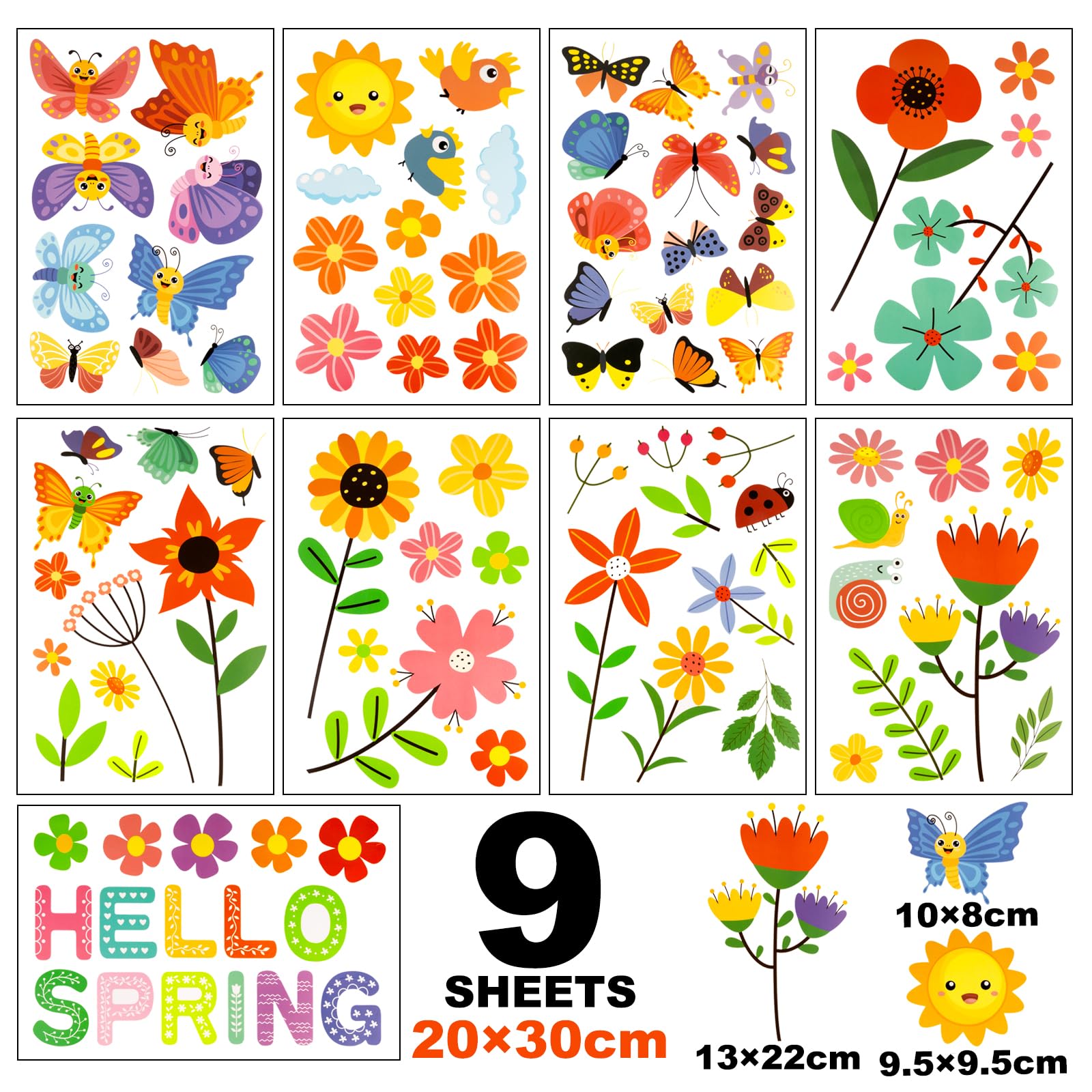 TOPJOWGA Fensteraufkleber Frühling 9-teilig - Blumen Schmetterlinge Selbstklebend Für Kinderzimmer