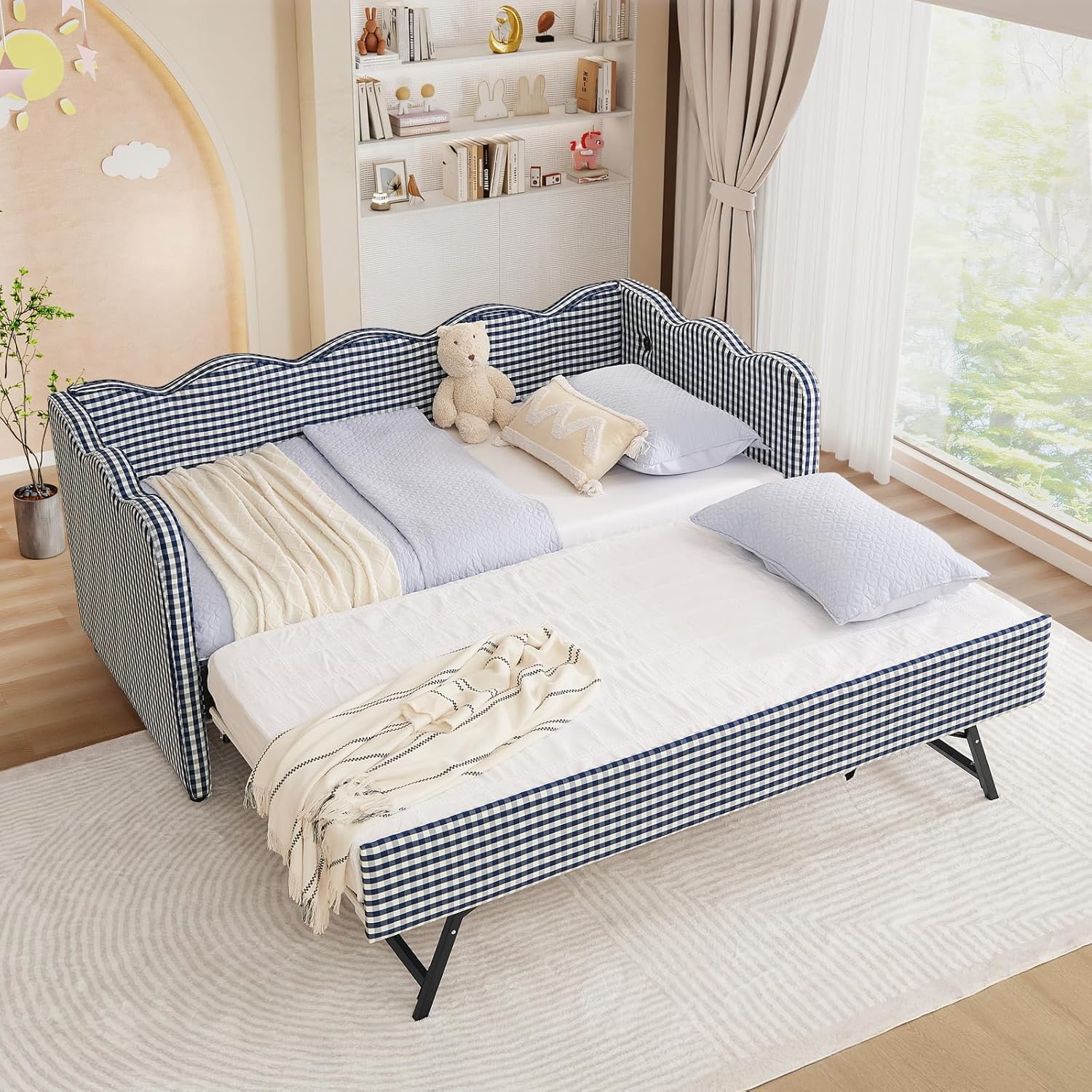 80.5" Daybed with Trundle, Gingham Twin Size Day Bed Frame with USB Charging Ports Modern Upholstered Sofa Bed for Living Room Bedroom Guest Room, Blue