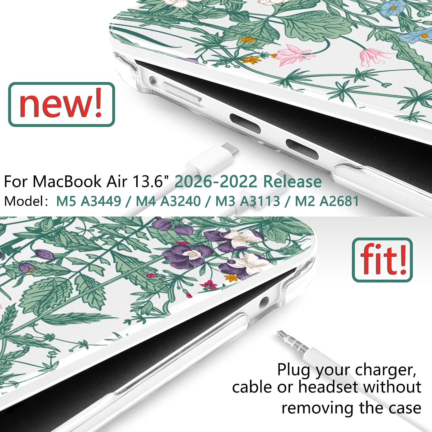 TWOLSKOO for MacBook Air 13 inch Case M5 2026 M4 2025 M3 M2 2024-2022 A3449 A3240 A3113 A2681, Plastic Hard Shell & Keyboard Cover & Screen Film for MacBook Air 13.6 inch Case, Botanical Illustration