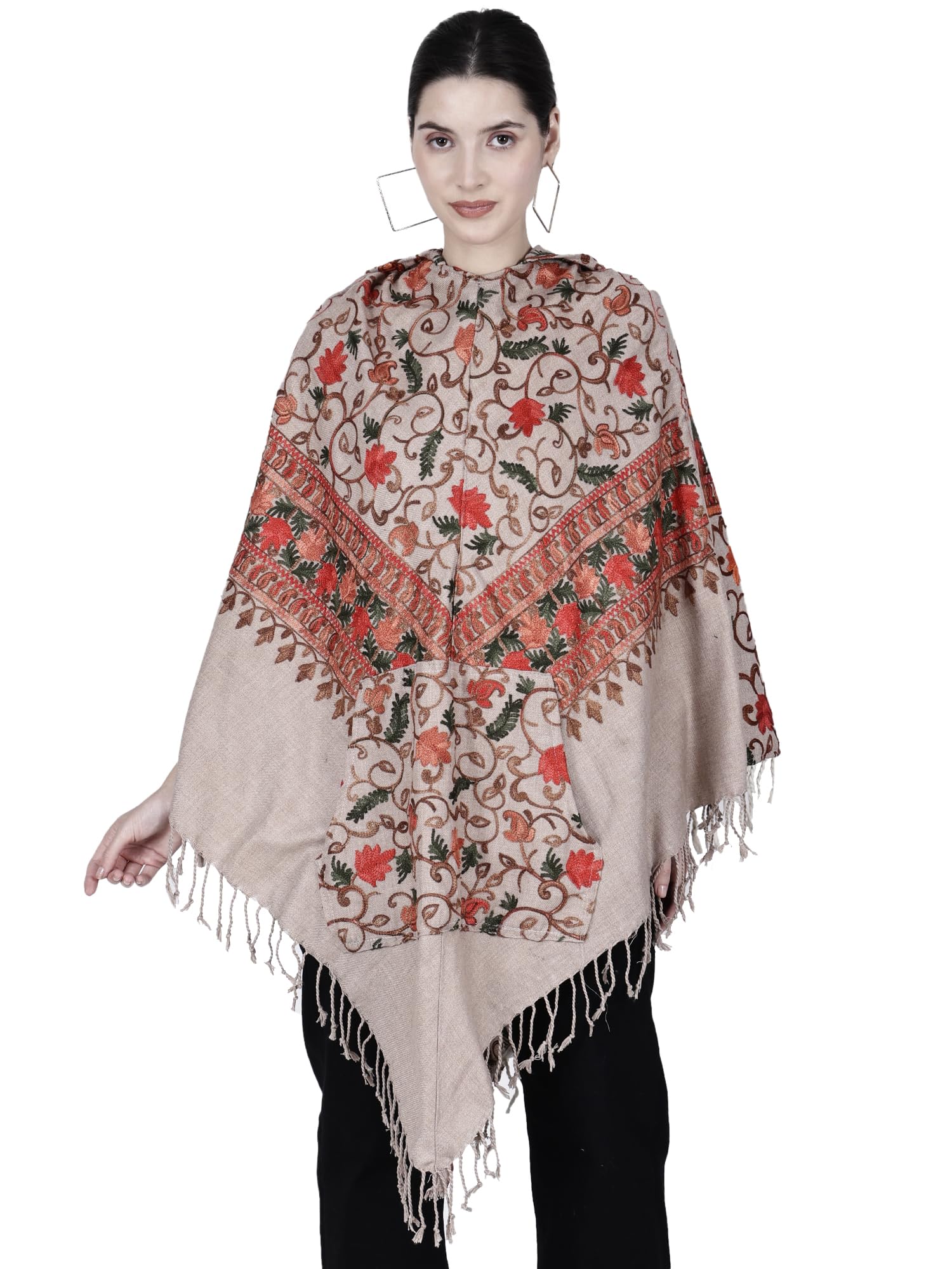 aruna kullu handloom kullu woolen poncho with hood for women and girls kashmiri embroidered-picture-13