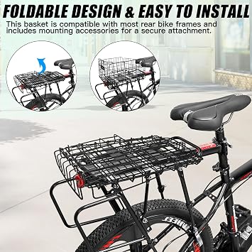 RAYMACE Bike Basket Rear,Bicycle Basket with Removable Liner,Rainproof Cover and Cargo Net,Folding Bike Baskets for Adult,Quick Release Design Fits for Most Rear Mounted Bike Rack
