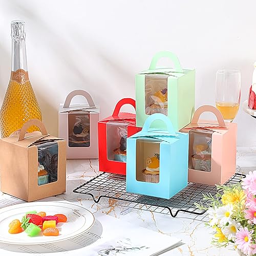 Miniatura 5 de Ctosree 60 cajas individuales para cupcakes, contenedores individuales coloridos para cupcakes con ventana de inserción y asa, soportes para
