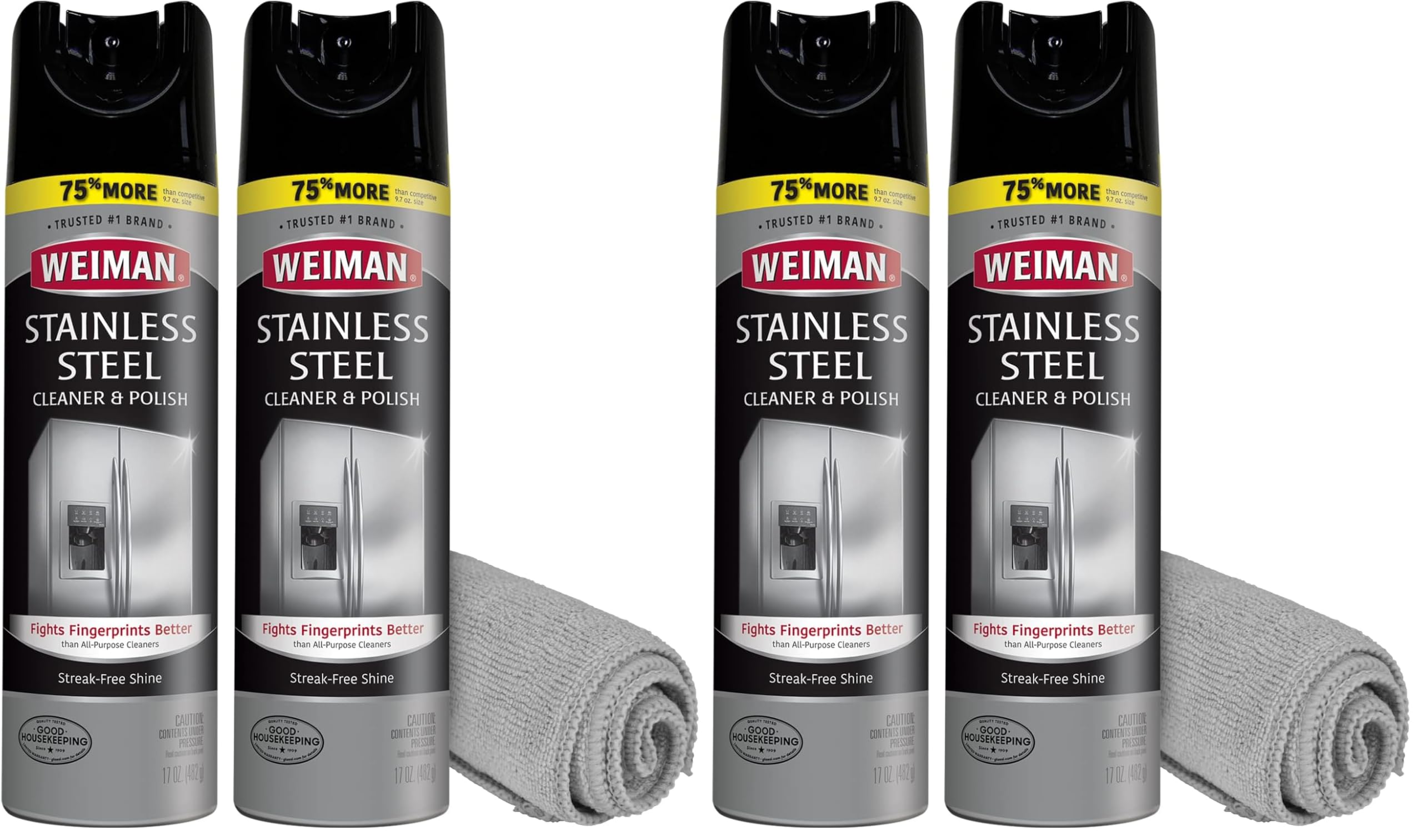 Weiman Stainless Steel Cleaner &amp; Polish Streak-Free Shine - For Refrigerators, Oven, Dishwasher, Stove - 4 Pack Aerosol Spray with Microfiber Cloth Included