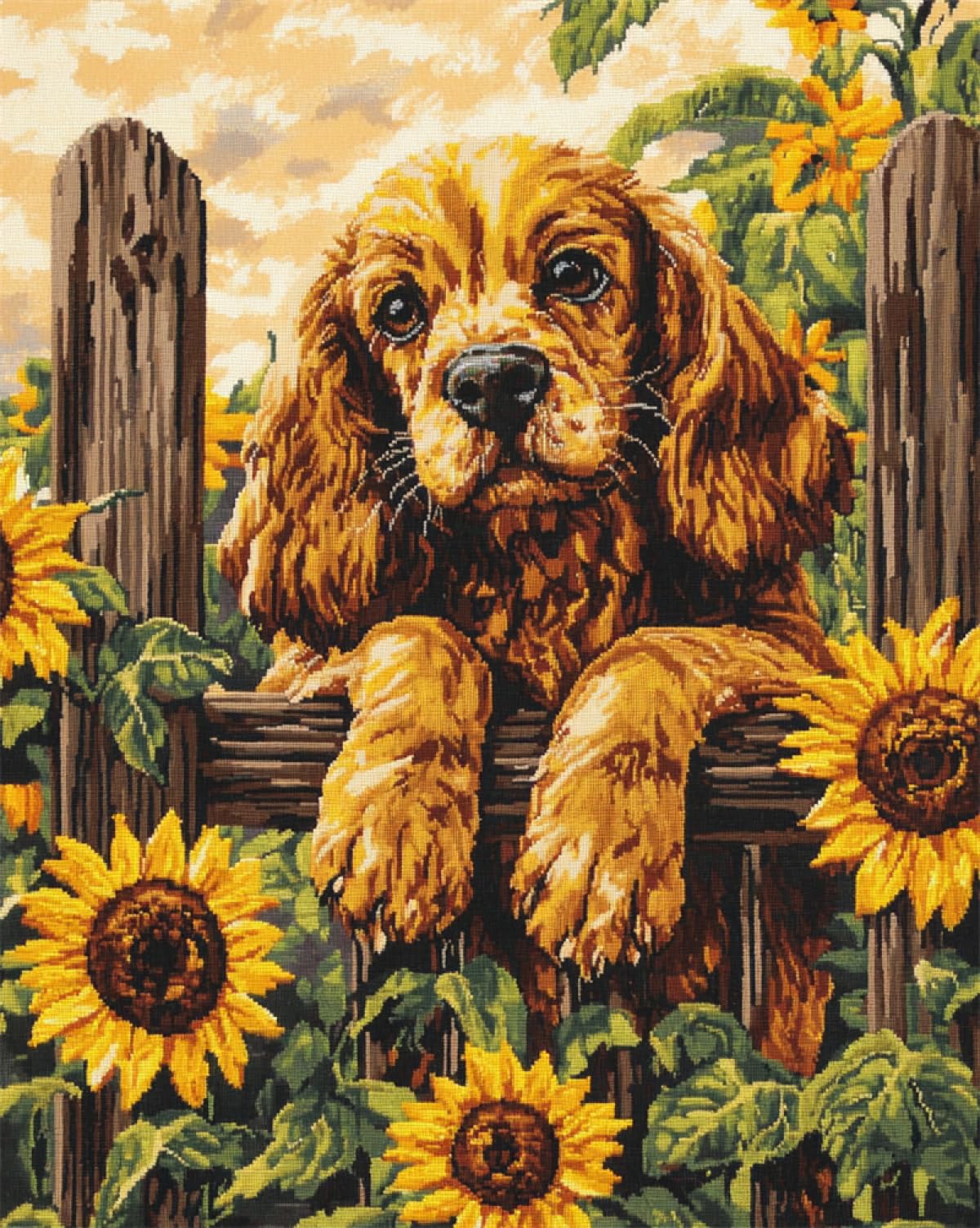 AYAOYANGGO Dog Animals Cross Stitch Set Patterns Cocker Spaniel and Sunflowers Pre Printed Cross Stitch Kits for Adults,DIY Wall Art Decor for Beginners 11CT 30x40cm