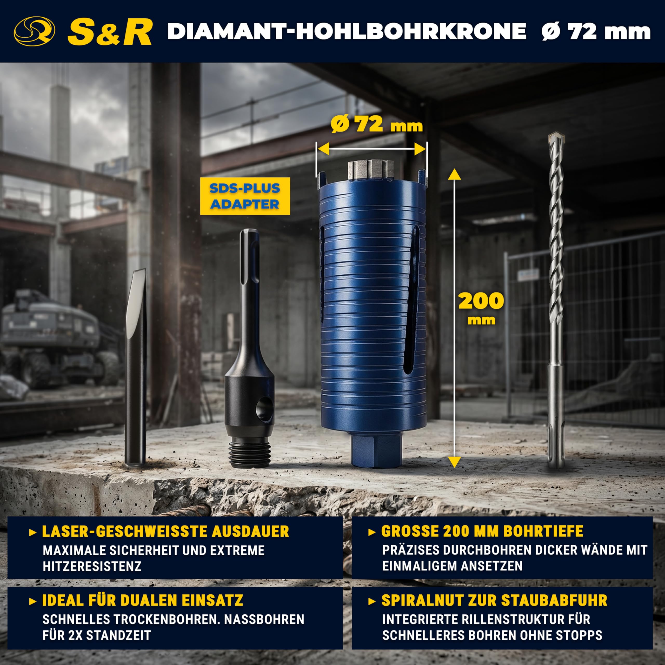 S&R Diamentowa koronka wiertnicza 72 mm, wiertło rdzeniowe M22, długość 200 mm, segment 10 mm, wiertło centrujące, adapter SDS-plus, koronka wiertnicza na sucho, diamentowa koronka wiertnicza do