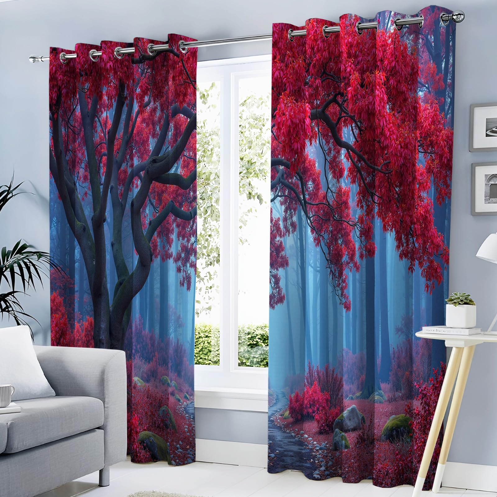 Rideau à Oeillets avec Feuilles Rouges Motifs De Sentiers Forestiers (Set de 2)
