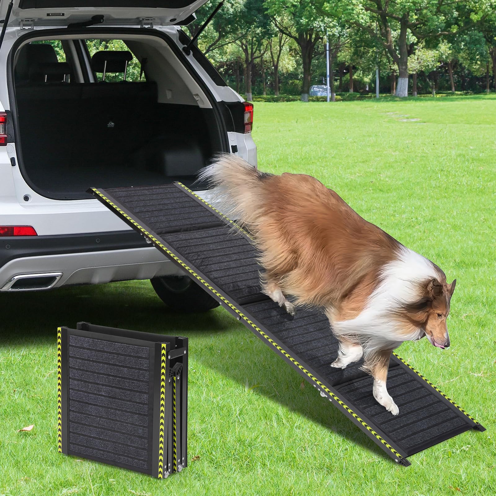 Rampa para Perros Coche Plegable con Bandas Reflectantes, 160 x 44 cm, Soporta hasta 70 kg, Ligera y Antideslizante, Apto para Coche, SUV