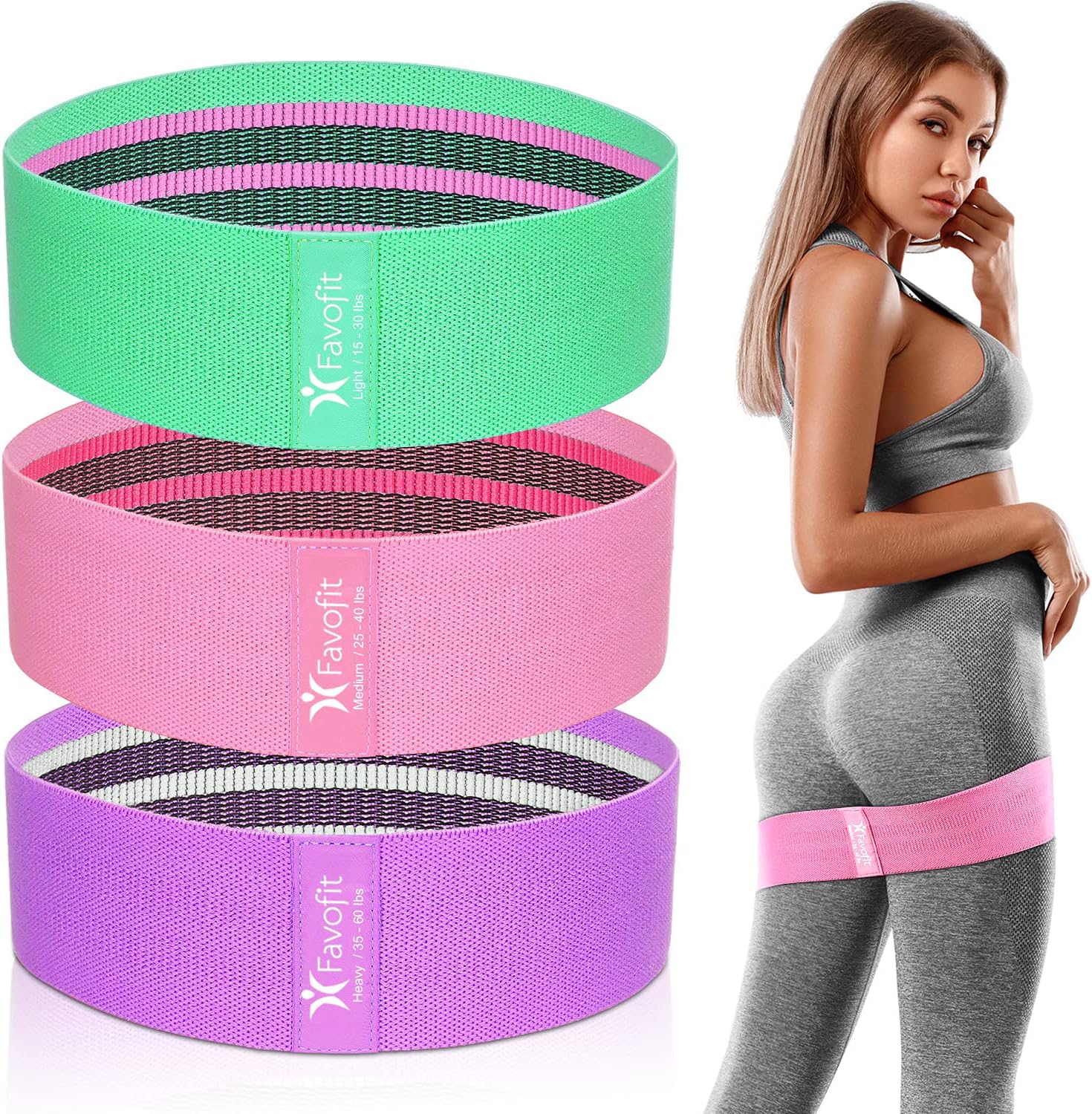 Favofit Resistance Bands Set for Legs and Butt, 3 Pack Non-Slip Workout Fitness Resistance Bands for Men and Women, Fabric Excersice Loop Bands with Action Guide and Carry Bag, Mint/Pink/Purple