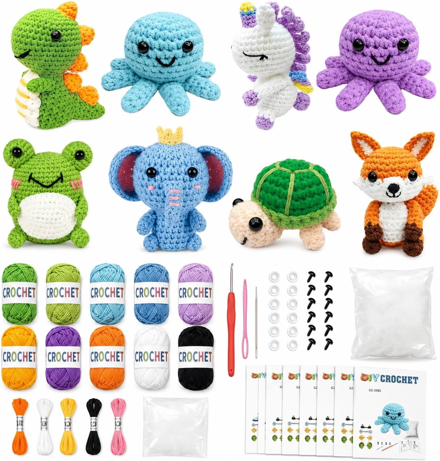 Crochet Kit for Beginners, 8 Cute Animal Amigurumi Projects with Step-by-Step Video Tutorials, DIY Crochet Starter Kit with Yarn, Hook, Stuffing & Supplies, Creative Craft Gift for Adults and Teens