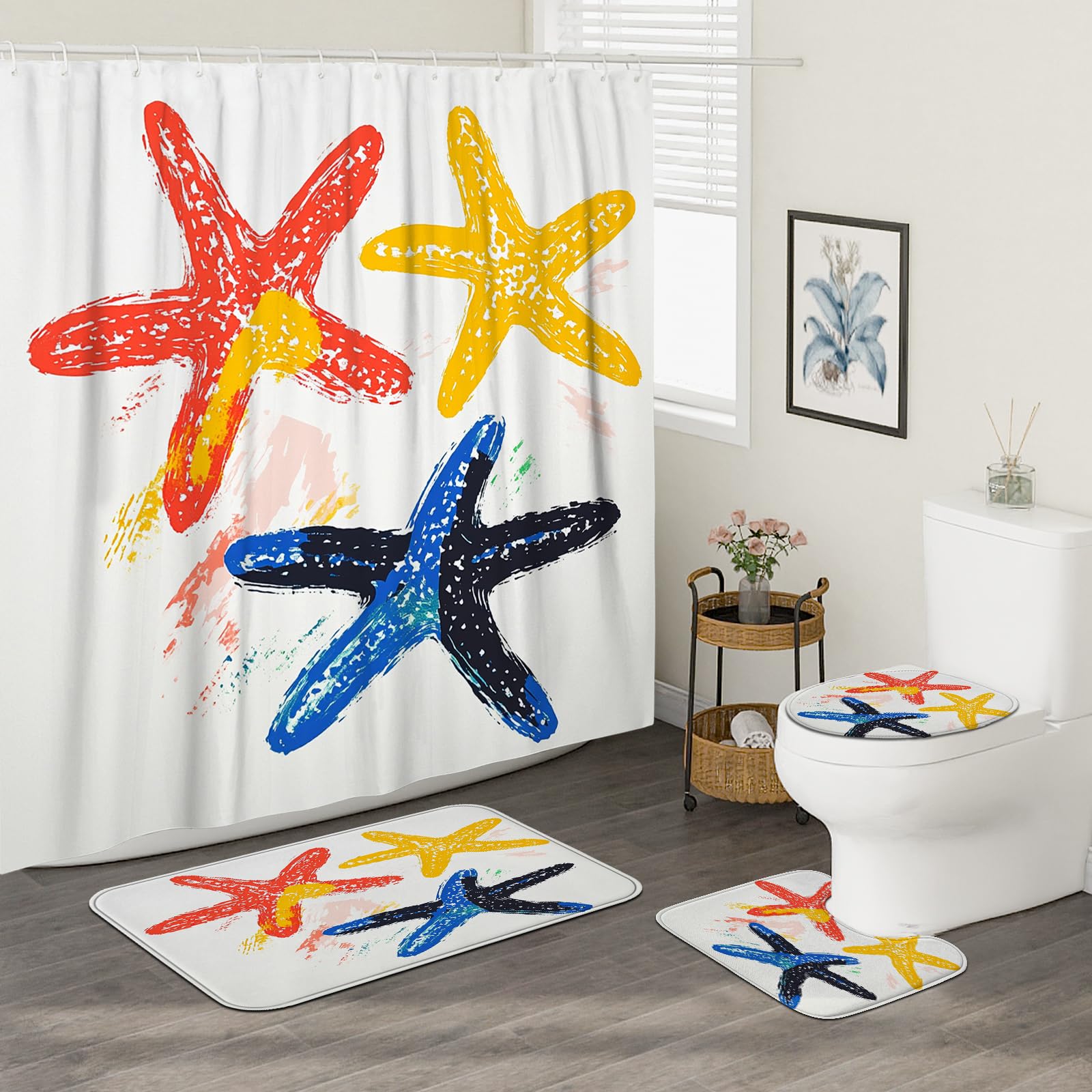 DESIHOM 4PCS Cartoon Coastal Starfish Shower Curtain Sets with Non-Slip Rug, U Shape and Toilet Lid Cover Mat, Funny Sea Stars Kid Home Decor, Bathroom Accessory with 12 Hooks