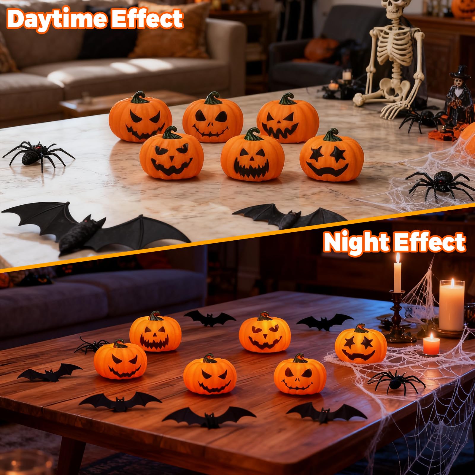 Candele senza fiamma a forma di zucca di Halloween, con telecomando e timer, a batteria, LED tremolanti, candele votive a forma di zucca, confezione da 6 candele autunnali con viso spettrale