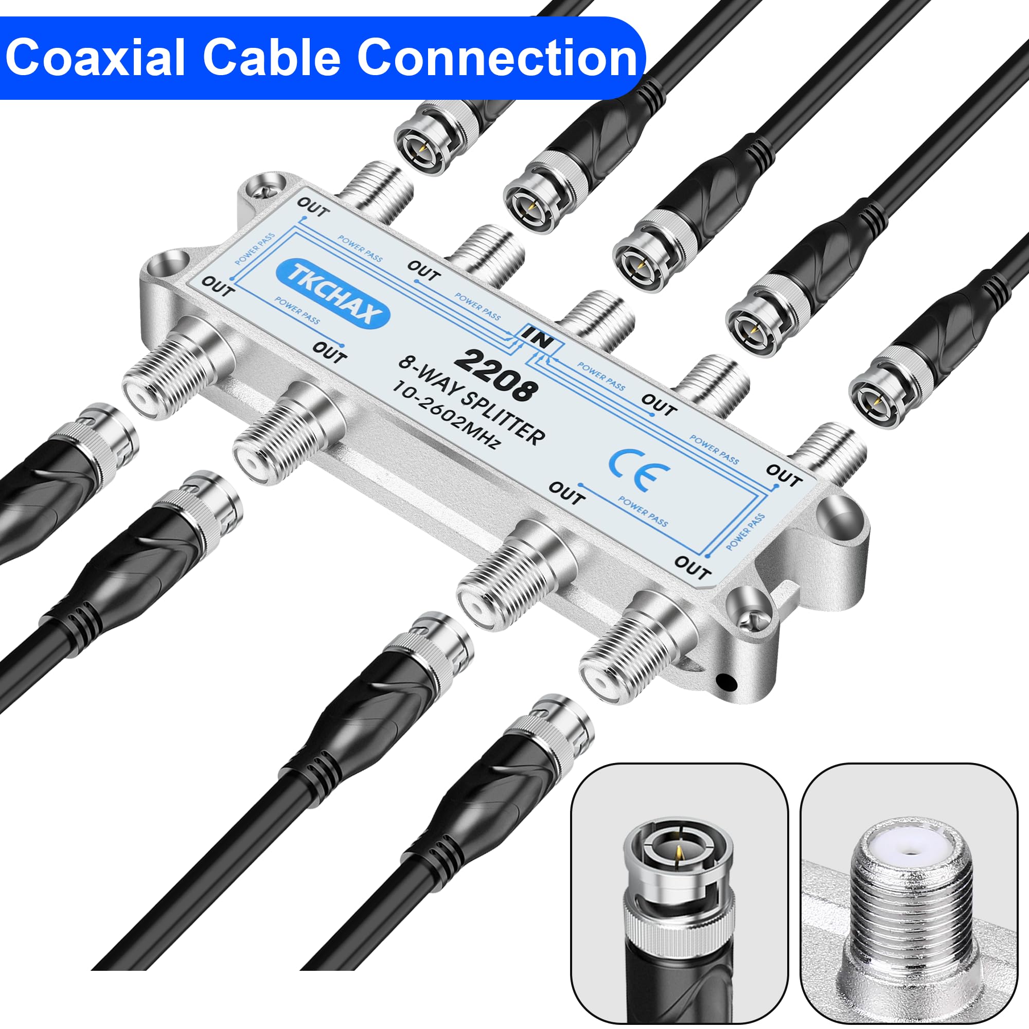 TKCHAX 8 Way Coaxial Cable Splitter,Support 10-2602MHz, RG6