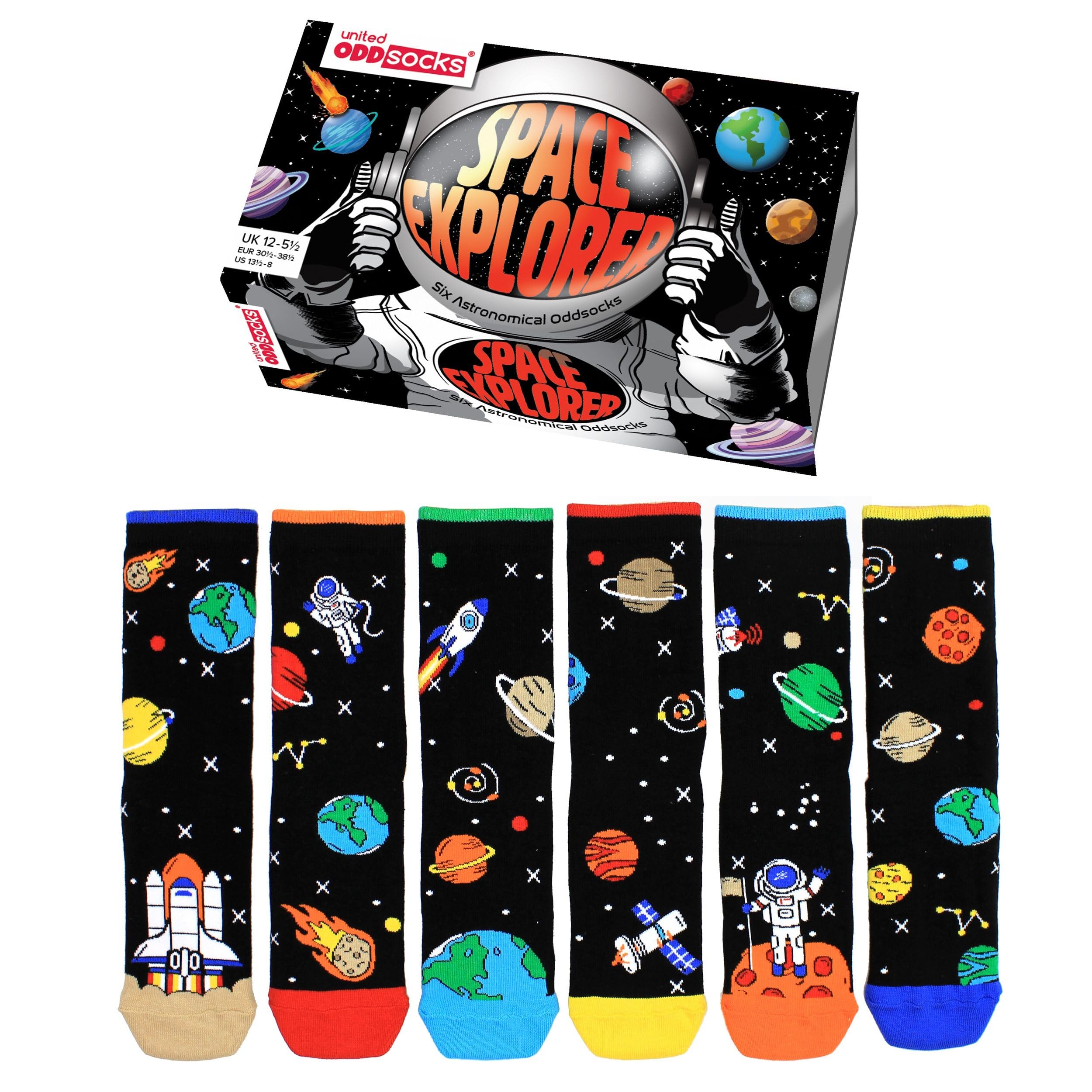 United Oddsocks Space Explorer Gift Box for Kids – 6 Mismatched Galaxy-Themed Socks – Rockets, Planets & Stars – 15 Mix & Match Combos – UK 12–5.5, US 13.5–8, EU 30.5–38.5 – Cotton Rich Socks