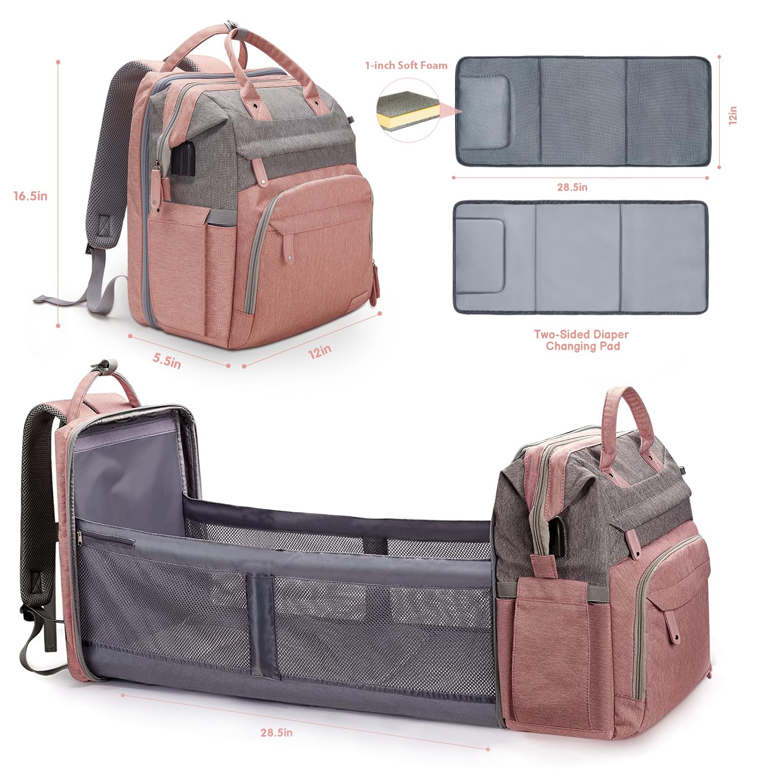 DERJUNSTAR Wickeltasche, Baby-Wickelrucksack mit Wickelstation