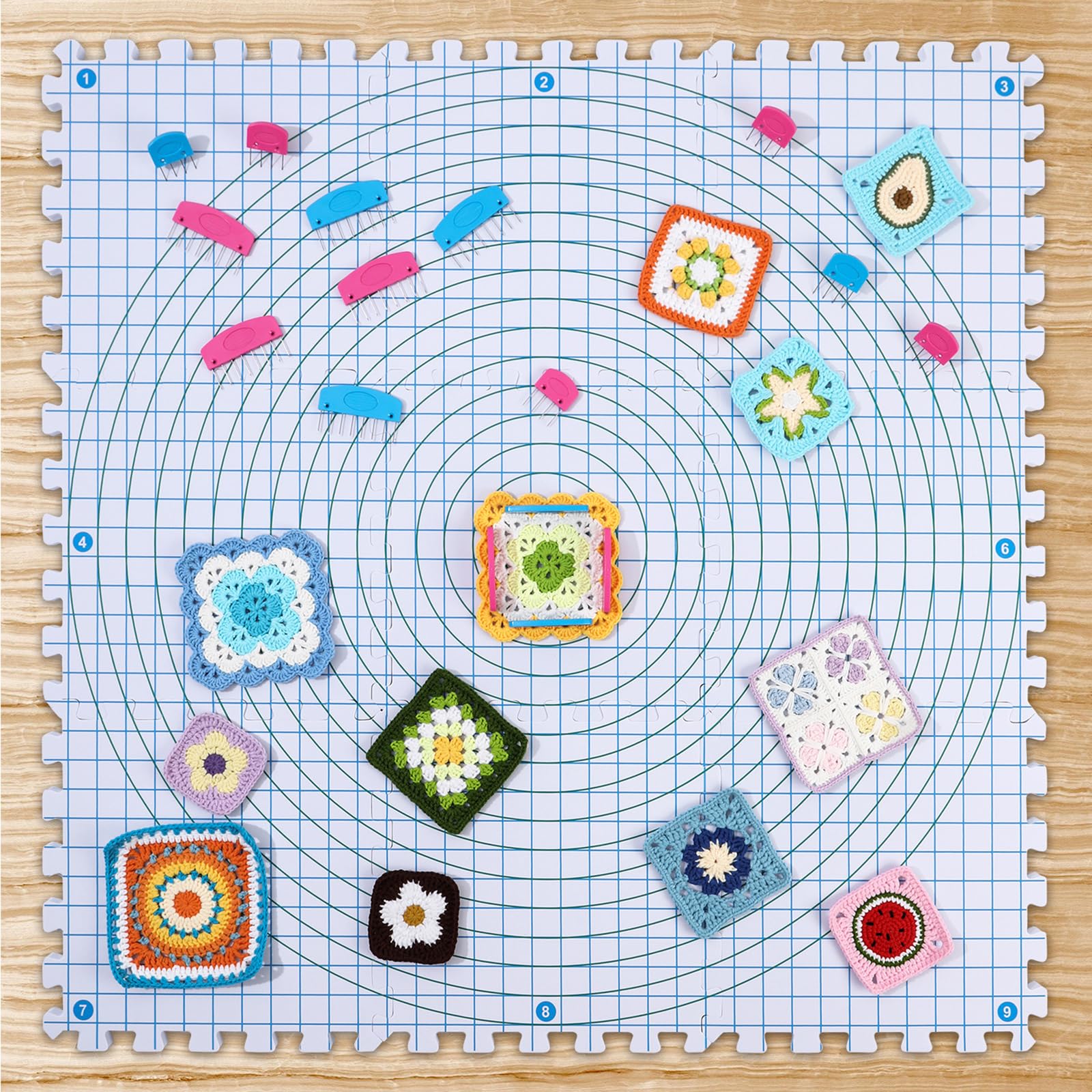 Zephviora Juego de 9 Alfombra de Bloqueo para Ganchillo, Esteras Tensoras con Rejilla, con Knit Blockers Box, Porta Agujas y 180 Agujas Moldeadoras, para Ganchillo, Encaje, Bordado con Aguja