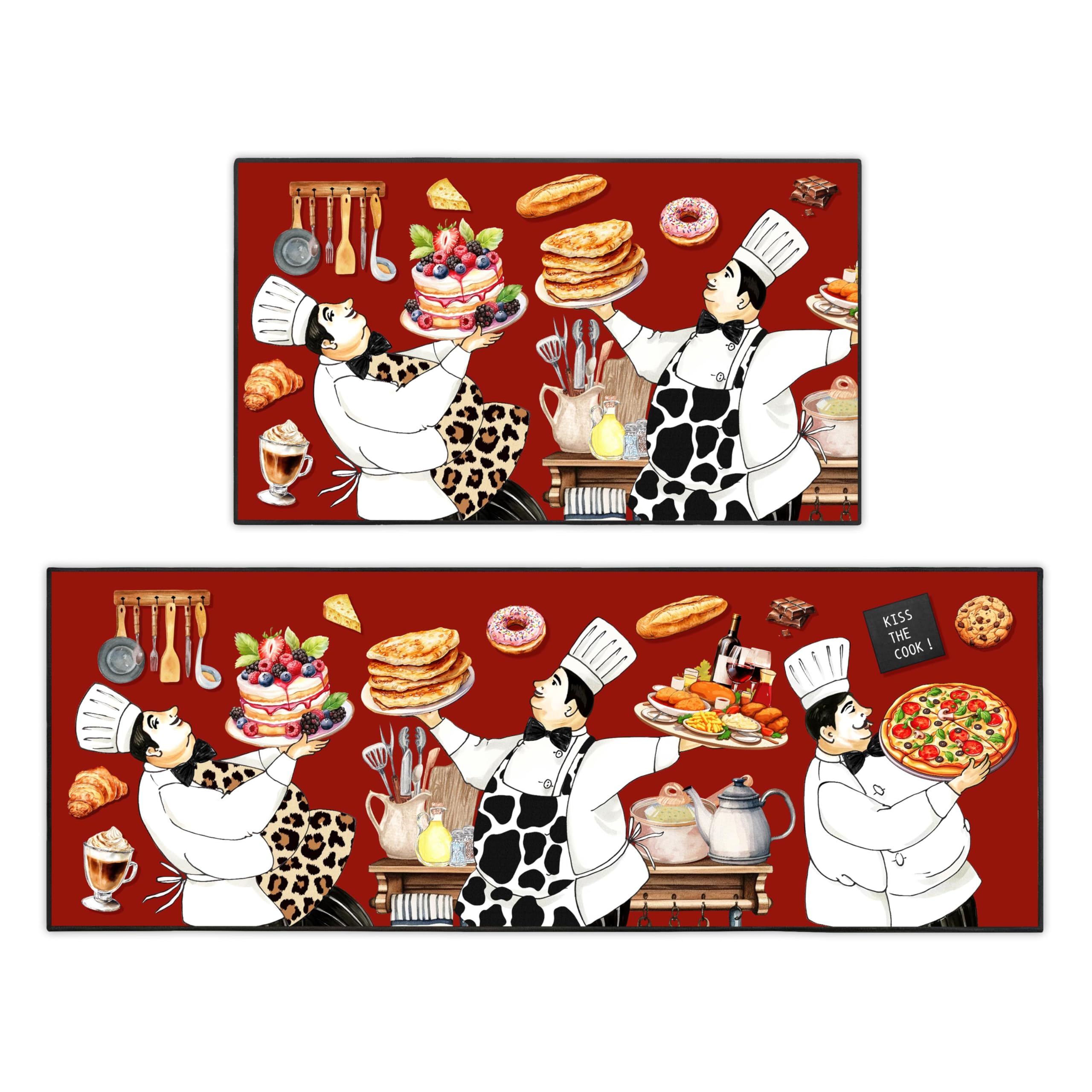 AmaAccess Fat Chef Kitchen Rug 2 Piece Set, Rustic Farmhouse Decor Kitchen Rugs, Non-Slip Absorbent Washable Floor Mats Home Indoor Runner Carpet