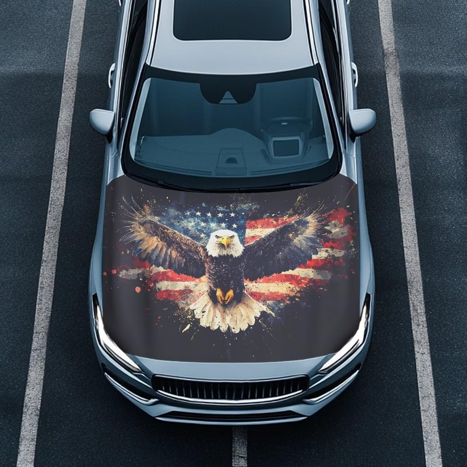 USA Cute Eagle Print Car Hood Cover Polyester Elastic Fabrics Can be Washed Suitable for SUV Trucks Universal for Cars