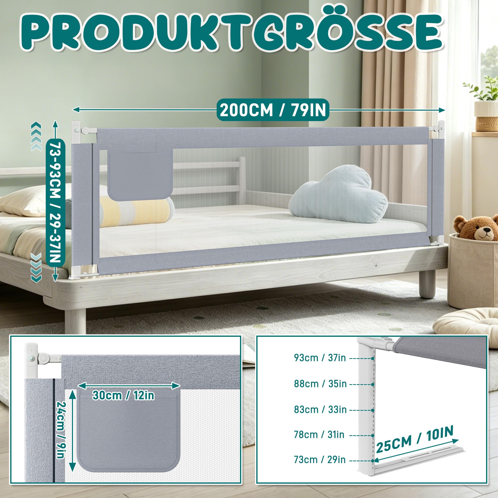 Froadp 200cm Barriera per Letto Bambini, Pieghevole Sponda Lettino Regolabile in Altezza con Doppia Chiusura Cintura Fissa e Mesh Taspirante, Portatile Guardrail Adatto per Maggior Letti(Grigio)