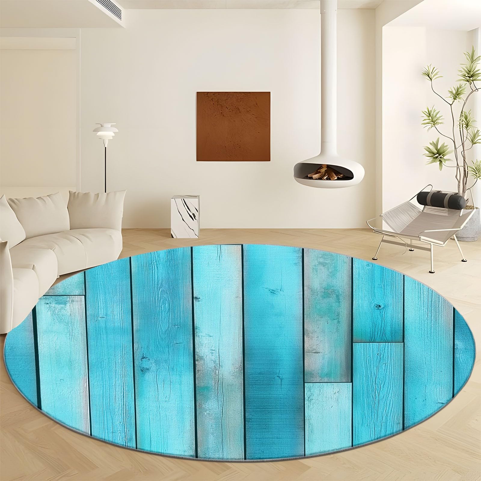 Alfombra redonda de interior azul verde estampada antideslizante y lavable, 180 cm, tabla de madera, estilo campestre, alfombra antideslizante y resistente, alfombra redonda de pelo corto suave para