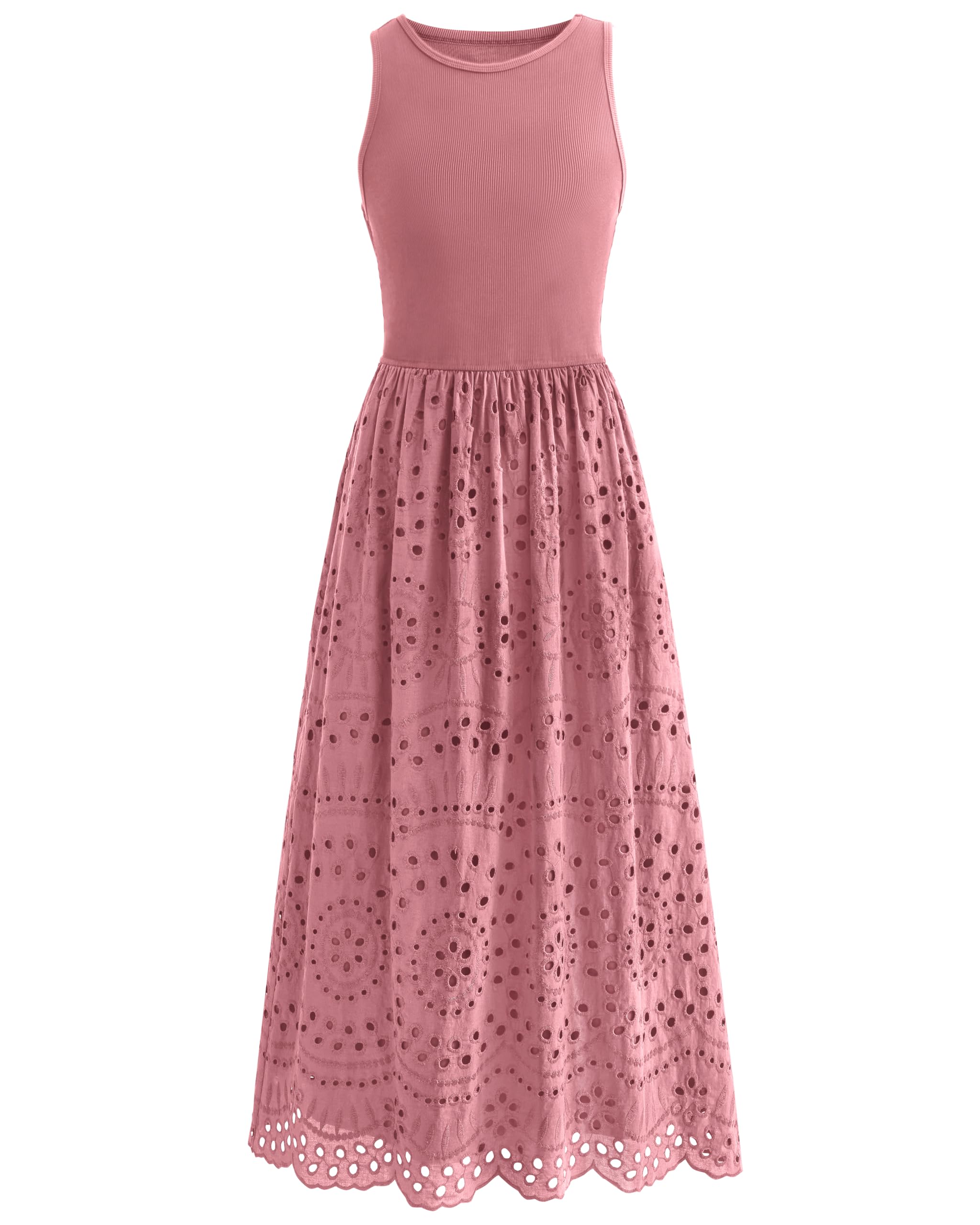 dowerme Women Summer Dresses 2026 Casual Sleeveless Crewneck A-Line Boho Lace Eyelet Cotton Tank Maxi Dress with Pockets