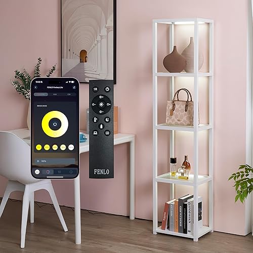 Miniatura 10 de FENLO Lámpara de pie de esquina con estantes, estante de esquina LED regulable con luces, lámpara de pie para sala de estar, lámpara de estante con