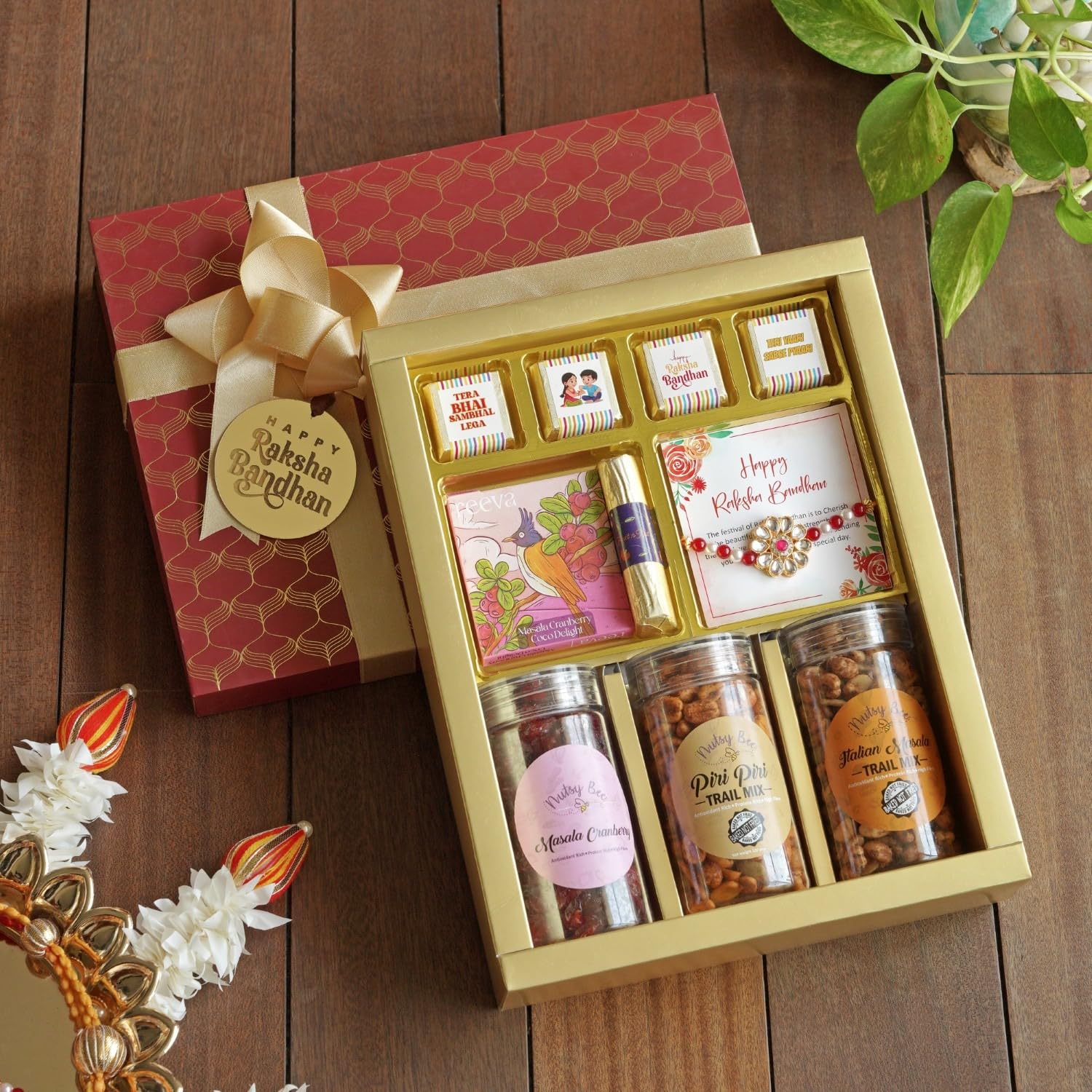 VELVET FINE CHOCOLATES Raksha Bandhan Gift Hamper for Brother & Sister with Assorted Chocolates, Cranberry & Trail Mix, Kundan Rakhi with Greeting Card | Premium Rakhi Gift Box-image-35