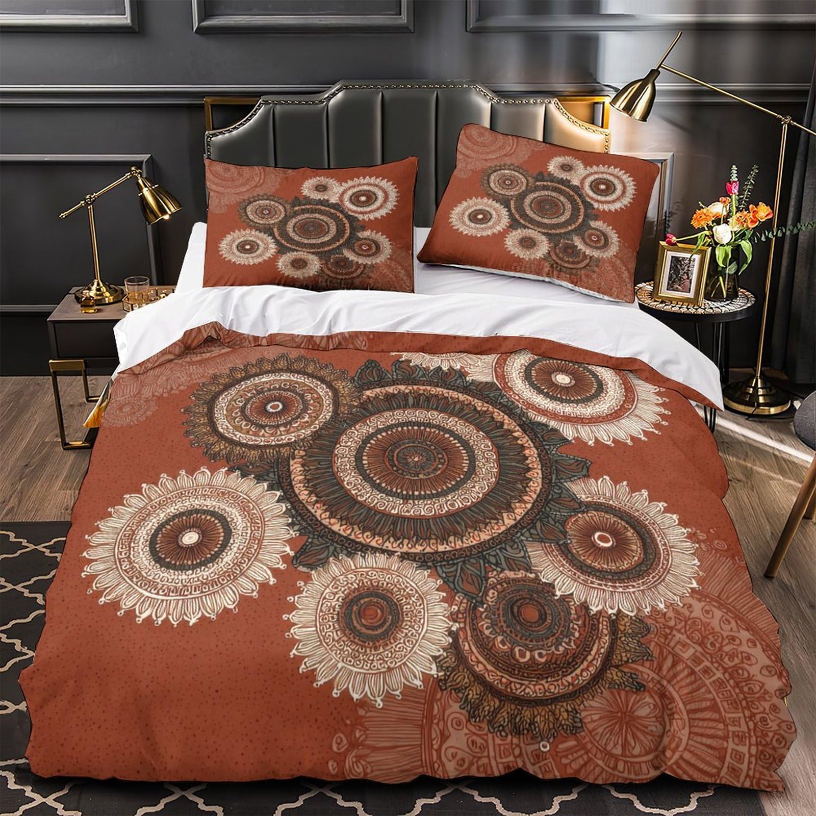 Housse de Couette 3 Pièces Ornate Mandala Grand Lit King Size en Tissu Microfibre Résistante