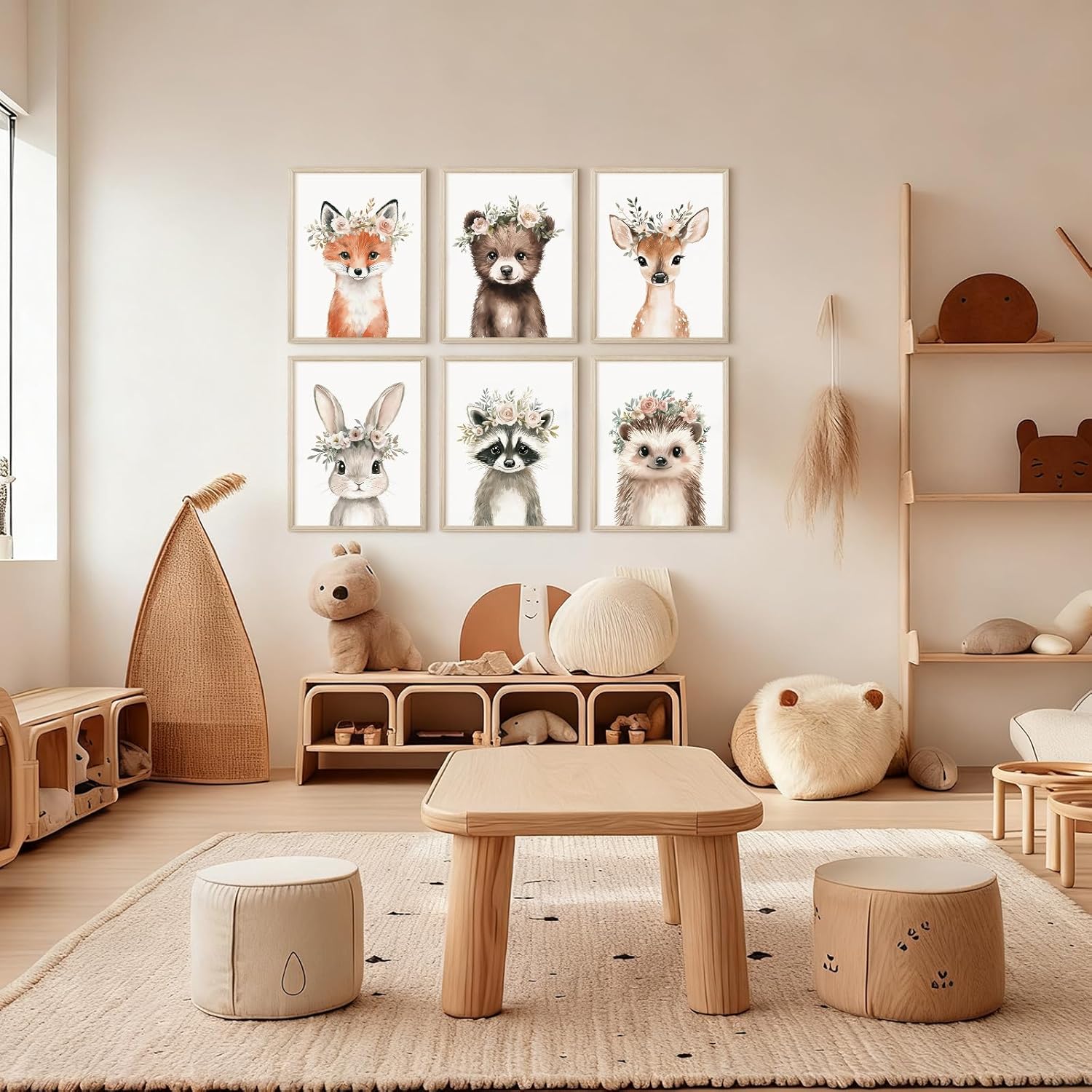 Woodland Animal Nursery Wall Art Decor Baby Girl Room Pictures Floral Crown Animal Canvas Wall Art Decor Safari Bear Fox Poster Floral Nursery Prints Artwork for Kids Bedroom 12x16x6 Inch Wood Framed