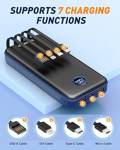 Miniatura 4 de BEESHOP Cargador portátil de batería  Batería portátil de 37000 mAh con 4 cables integrados, batería de carga rápida de 22.5 W, compatible con