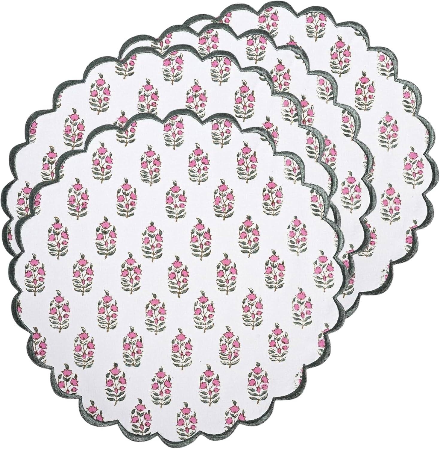 Ridhi Bo-ho Round Place Mat Double Layer Floral Cotton Washable Placemats 15" Round Embroidery Block Print Table Mat (Pack of 4-15 Inch Round, Pink and Green)