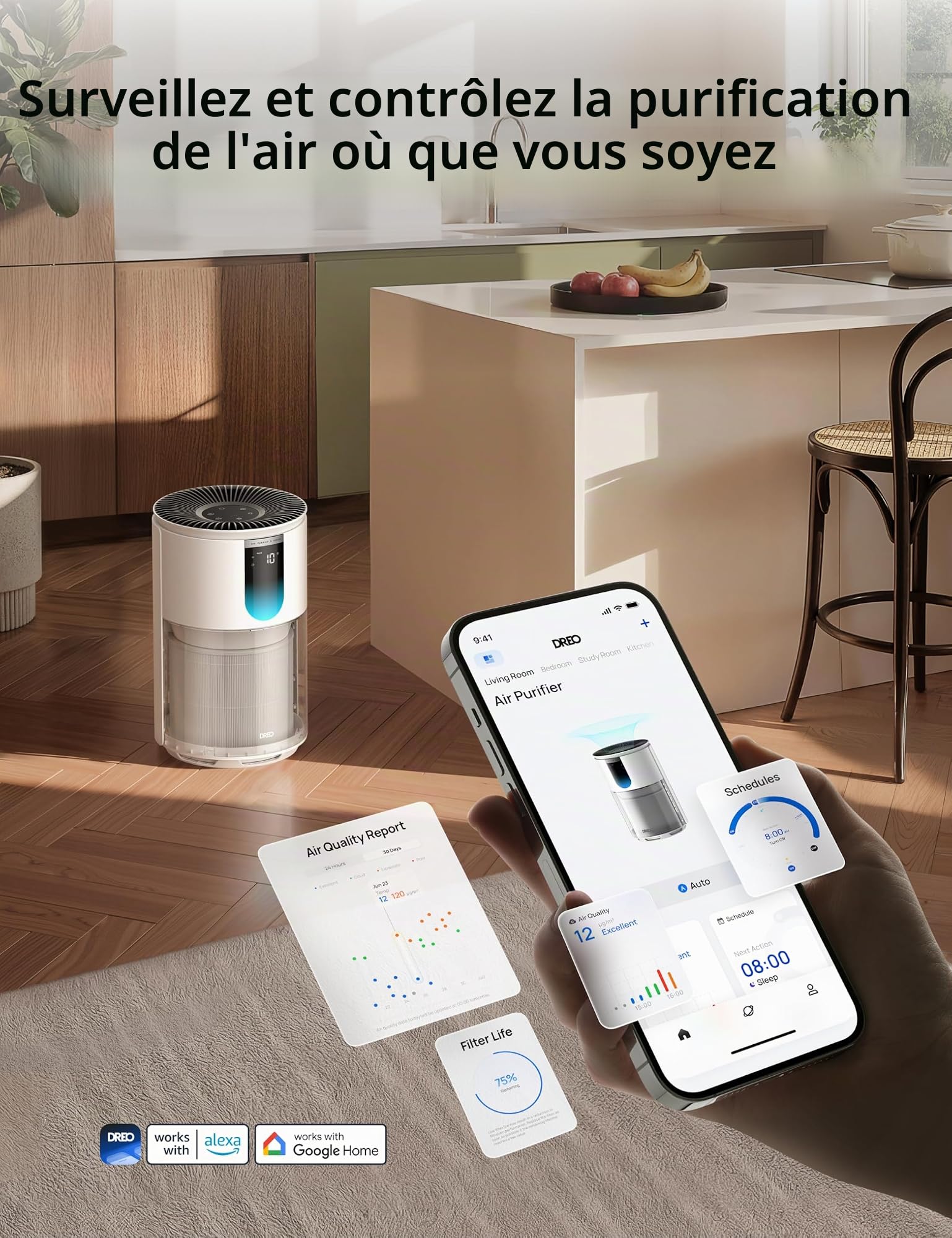DREO Purificateur d'air pour chambre jusqu'à 55 m², contre odeurs, pollen et fumée, certifié AHAM, filtre HEPA 3-en-1, capteur PM2.5, moniteur de qualité de l'air, 18 dB, Wi-Fi, compatible Alexa