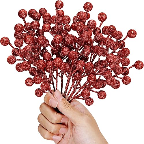 Miniatura 15 de winemana Paquete de 24 púas sintéticas de Navidad de 8 pulgadas, ramitas de bayas de invierno, tallos de bayas rojas artificiales, adornos para Red-1