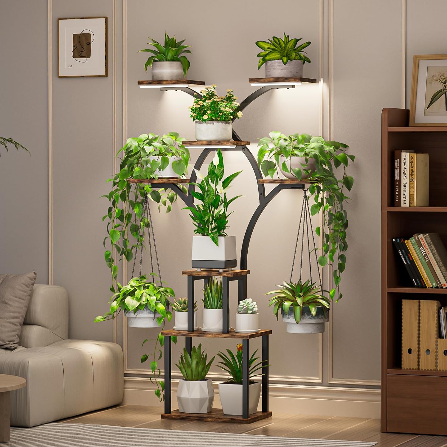 Elbourn Plant Stand Indoor with Grow Lights - 60" Tall Metal Plant Shelf for Multiple Plants, 8 Tiered Corner Plant Stands for Indoor Plants, X - Shaped Decorative Rack for Home, Living Room & Patio Decor (Brown)